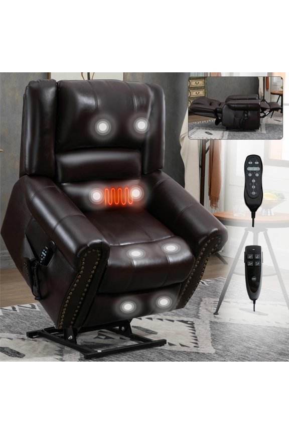Antique Brown Faux Leather Dual Motor Power Lift Recliner, 350lbs Massage Heat USB Ports 40"x38"x41" for Elderly