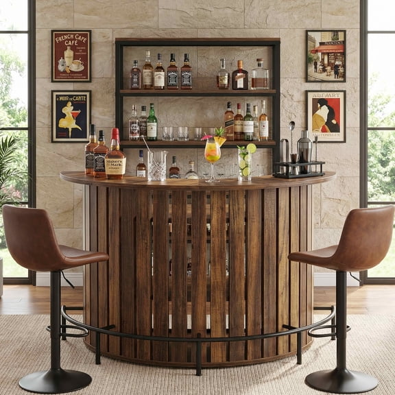 MAYEERTY Arc-Shaped 4-Tier Storage Mini Bar Table, Modern Rustic Home Bar Cabinet with Footrest & MDF Construction