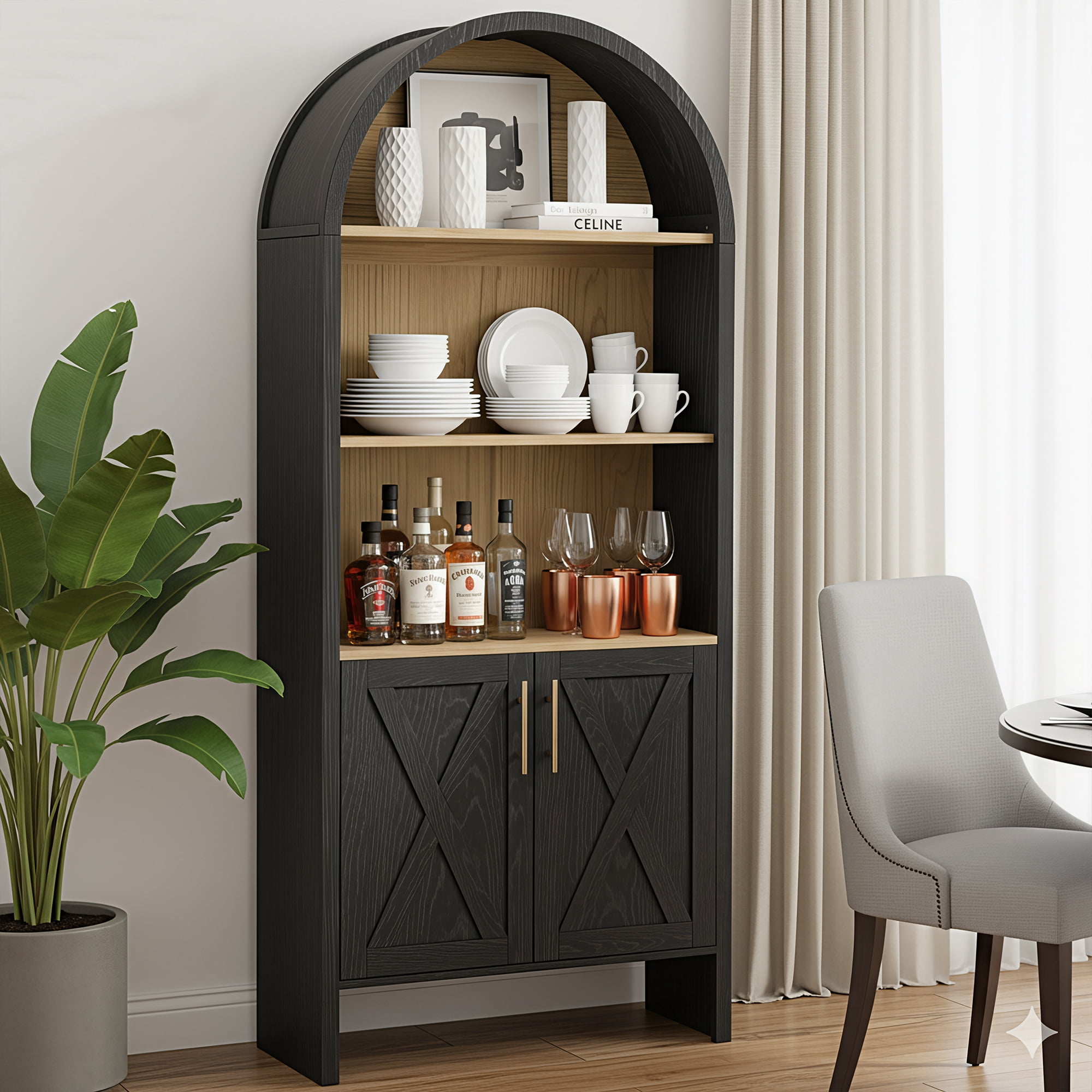 MAYEERTY Arched Accent Cabinet with Cross Panel Doors, Elegant Display for Living Room & Entryway, 60" Black Beech