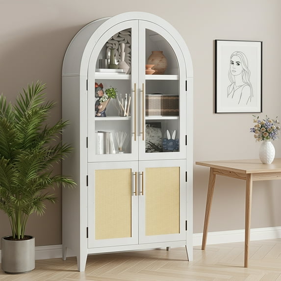 MAYEERTY Arch Display Cabinet with Glass Doors, Wooden Storage Cabinet with Adjustable Shelves for Living Room, 63" White