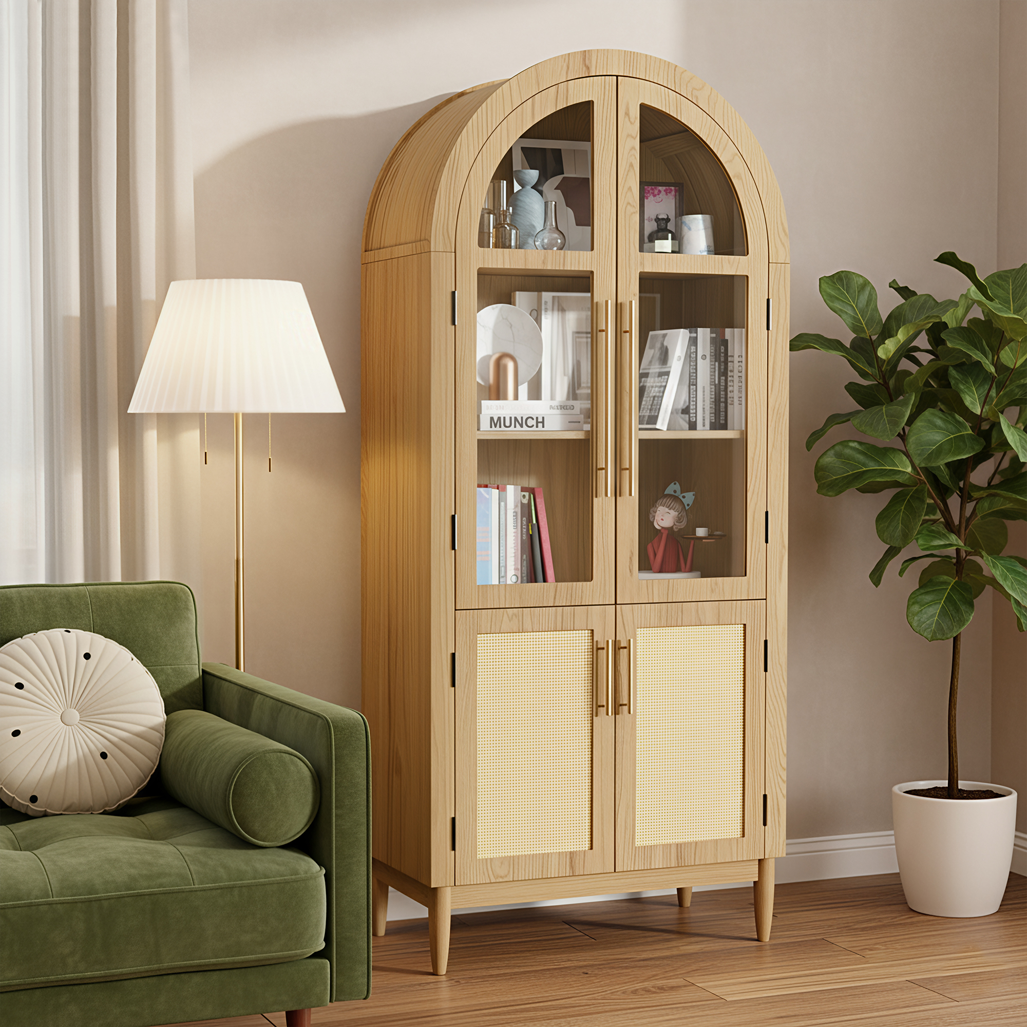 MAYEERTY Arch Display Cabinet with Glass Doors, Wooden Storage Cabinet with Adjustable Shelves for Living Room, 71" Oak