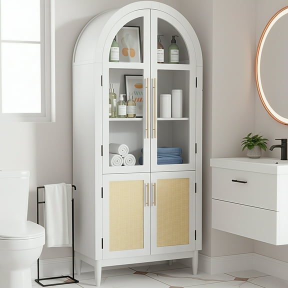 MAYEERTY Arch Display Cabinet with Glass Doors, Wooden Storage Cabinet with Adjustable Shelves for Living Room, 71" White