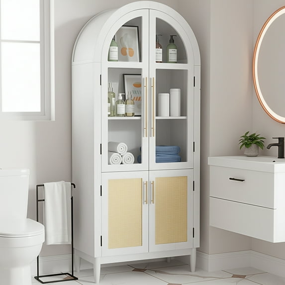 MAYEERTY Arch Display Cabinet with Glass Doors, Wooden Storage Cabinet with Adjustable Shelves for Living Room, 71" White