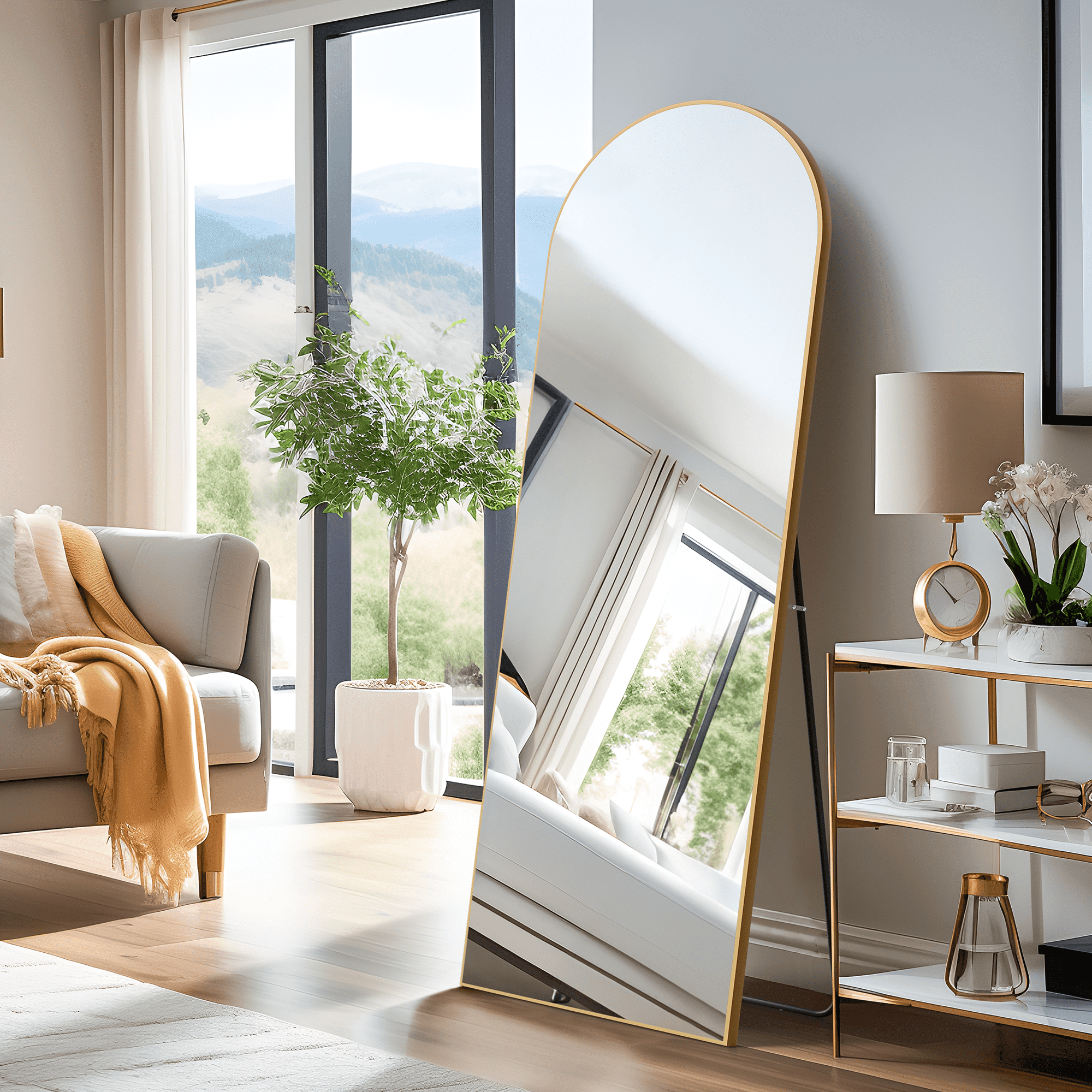MAYEERTY Arched Wood Full Length Mirror Oversized Floor Mirror Accent Wall Mirror,Gold