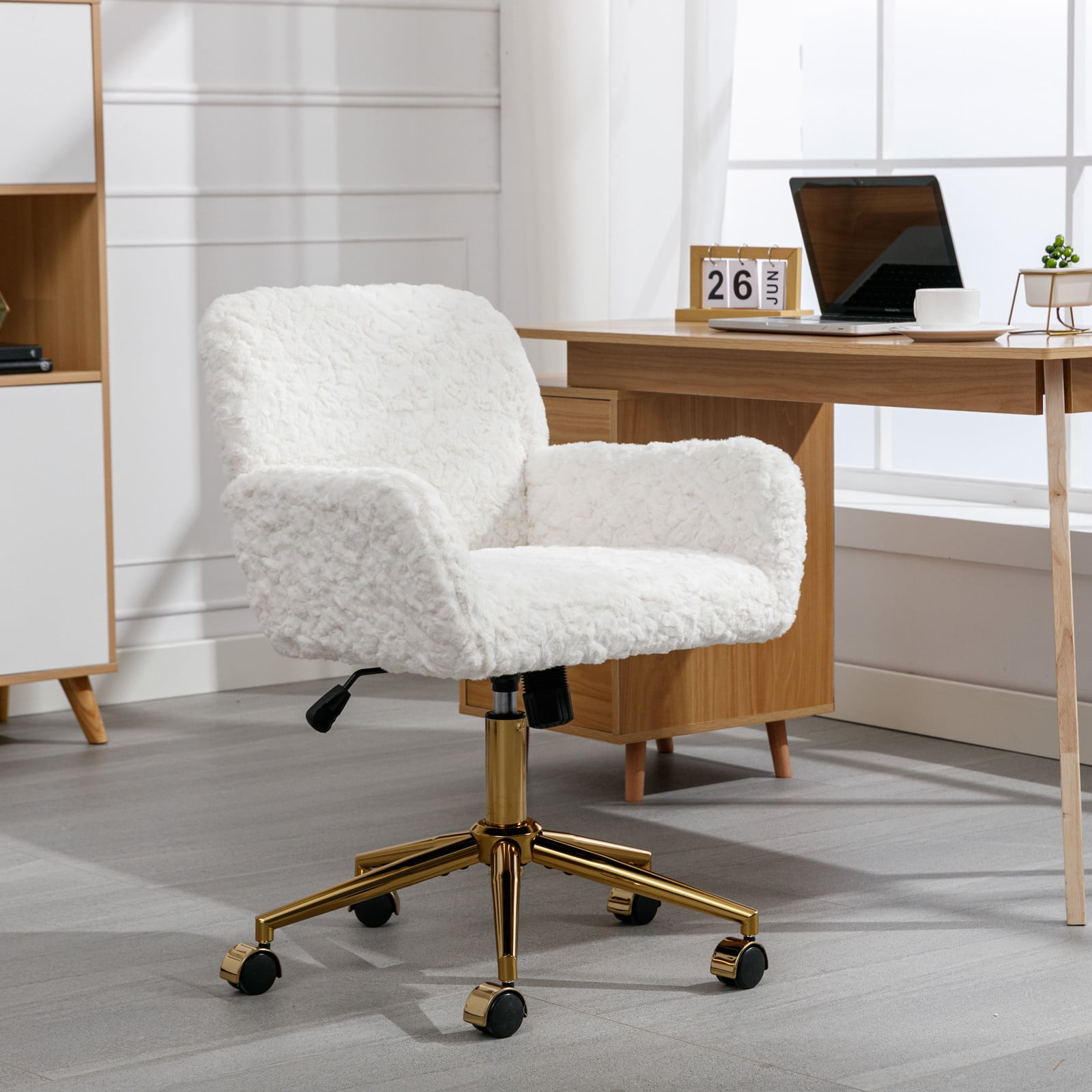 MAYEERTY Artificial Rabbit Hair Office Chair - Golden Metal Base, Adjustable Swivel, Vanity Chair, Beige