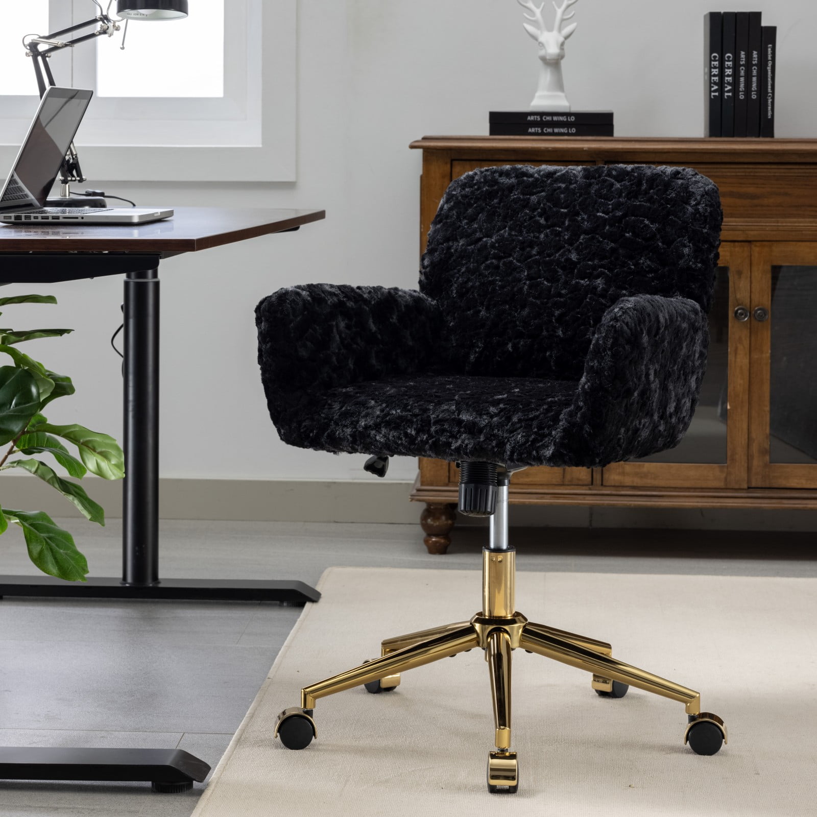 MAYEERTY Artificial Rabbit Hair Office Chair - Golden Metal Base, Adjustable Swivel, Vanity Chair, Black