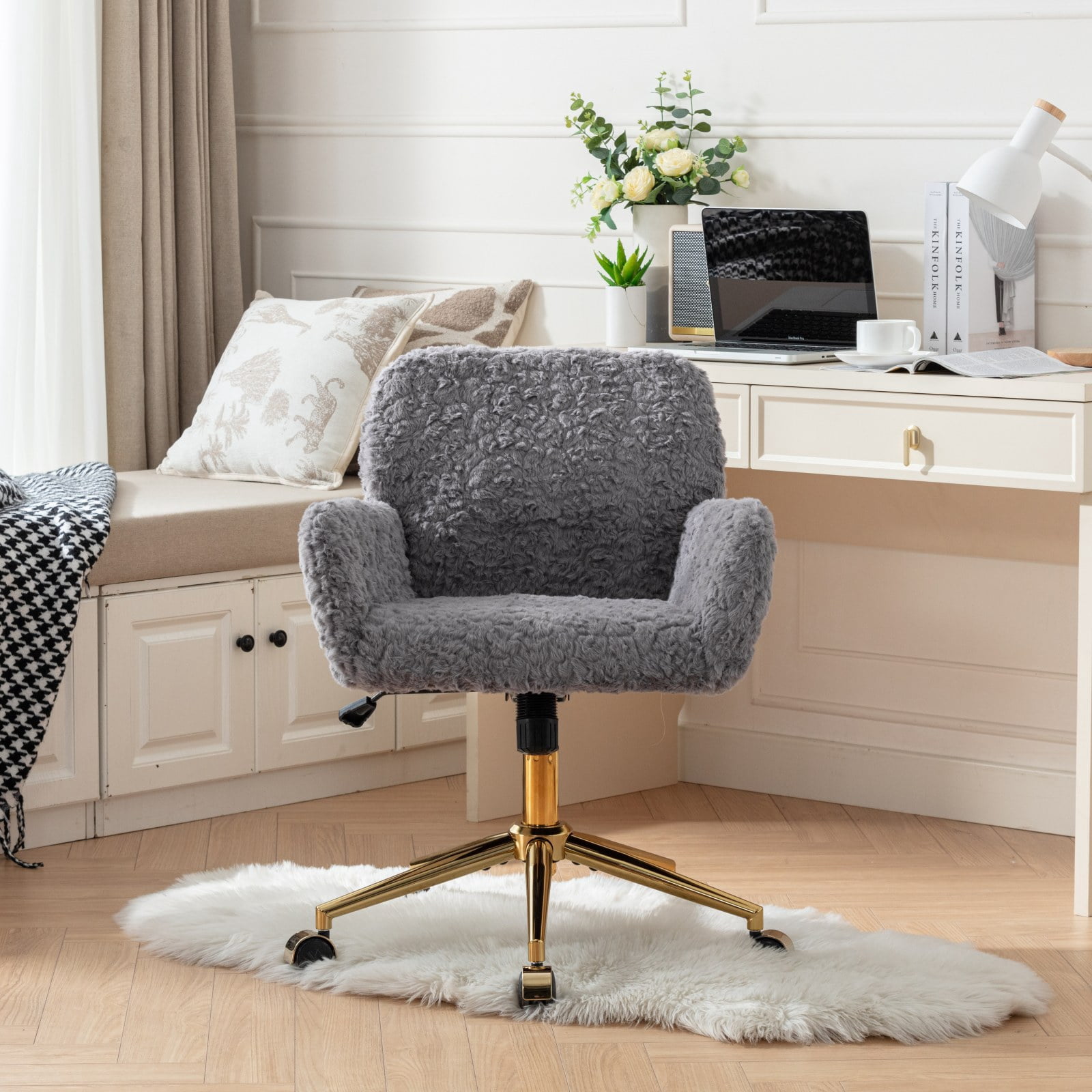 MAYEERTY Artificial Rabbit Hair Office Chair - Golden Metal Base, Adjustable Swivel, Vanity Chair, Gray