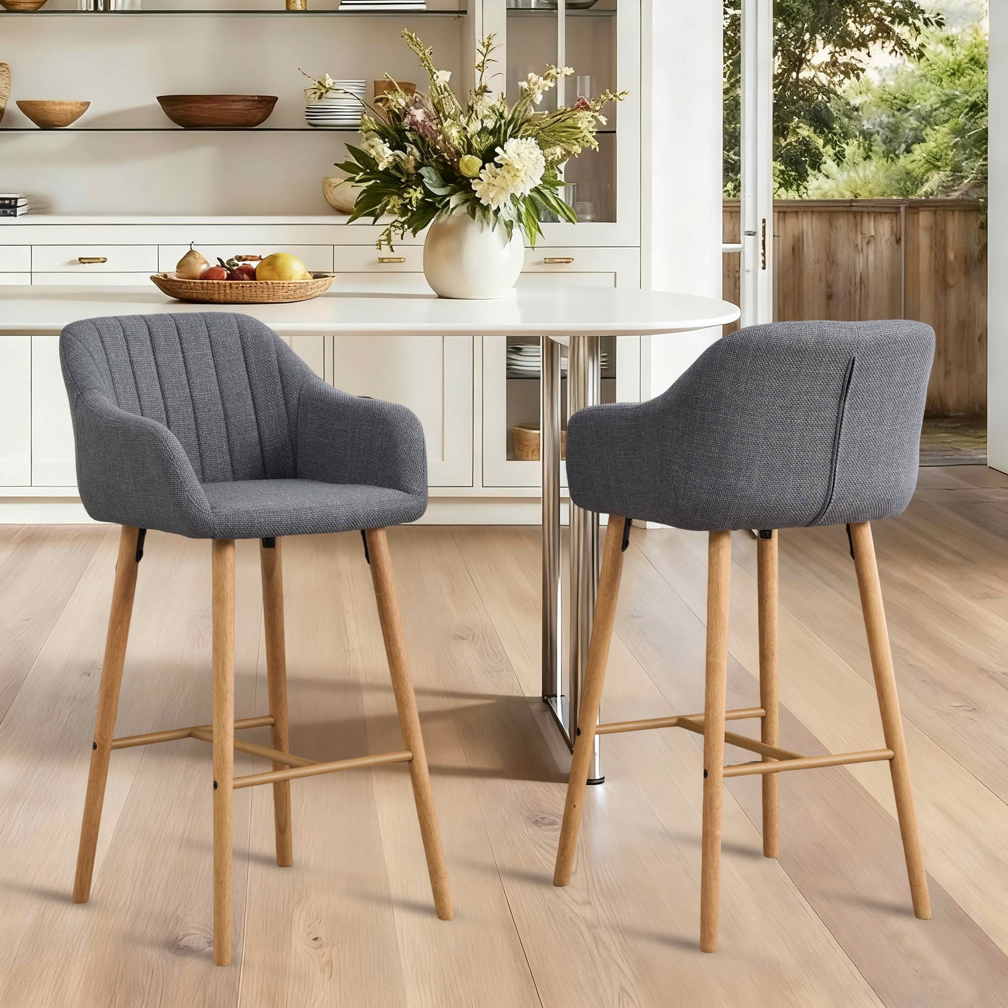 MAYEERTY Bar Stools Set of 2, Linen Kitchen Island Chairs with Back, Arms, Footrest and Solid Oak Legs, Gray