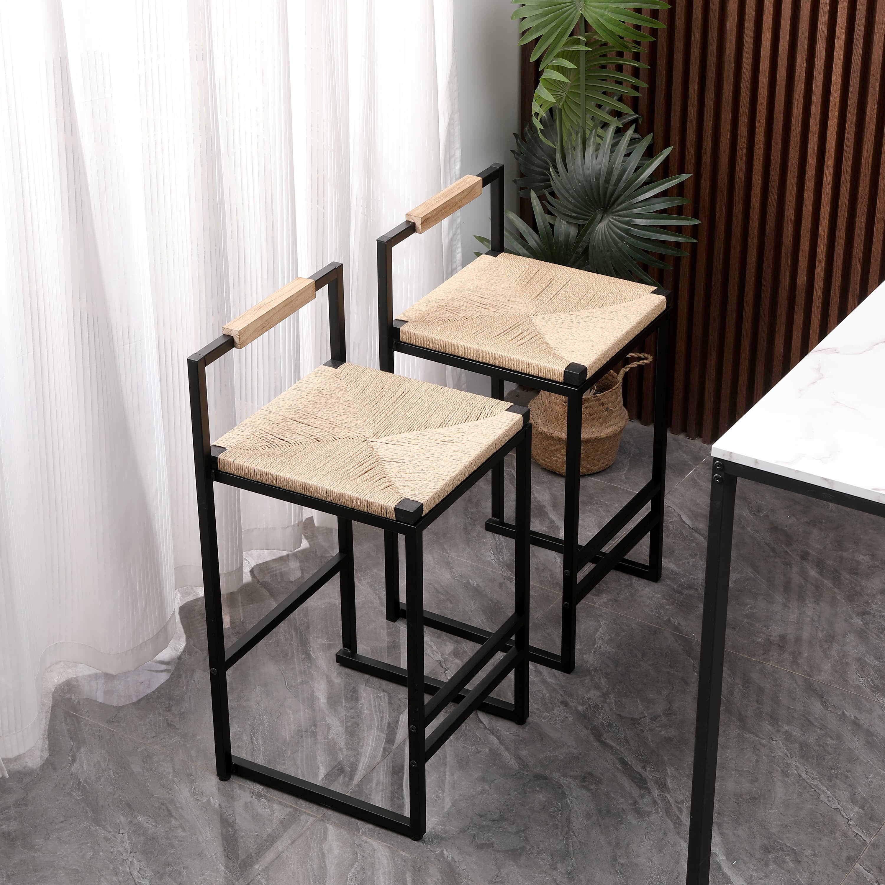 MAYEERTY Bar Stools Set of 2 - with Back, Paper Rope Woven Counter Height Chairs for Kitchen/Home