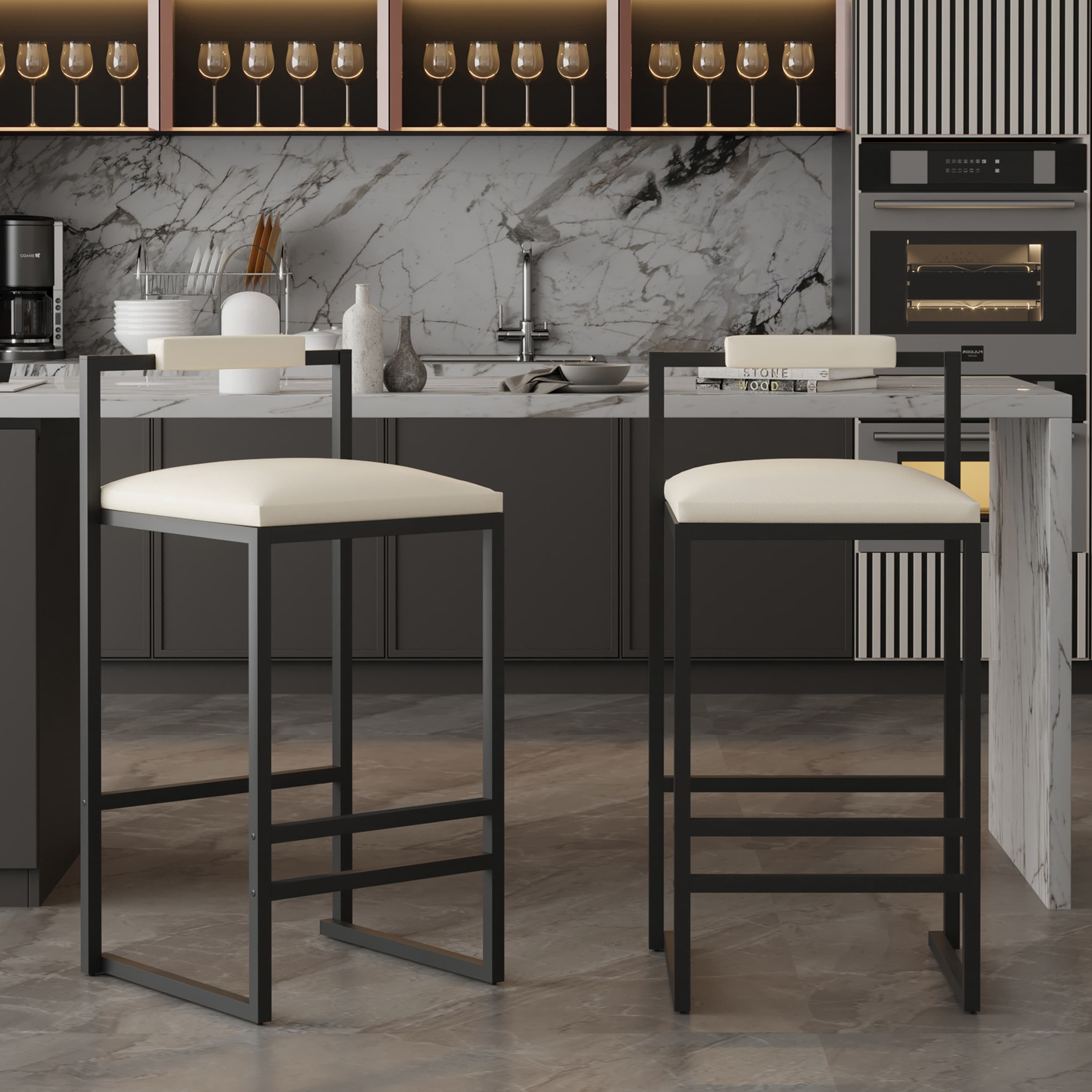 MAYEERTY Barstools Set of 2 - Faux Leather, Metal Frame, Dining Chairs for Counter/Kitchen Island (Beige)