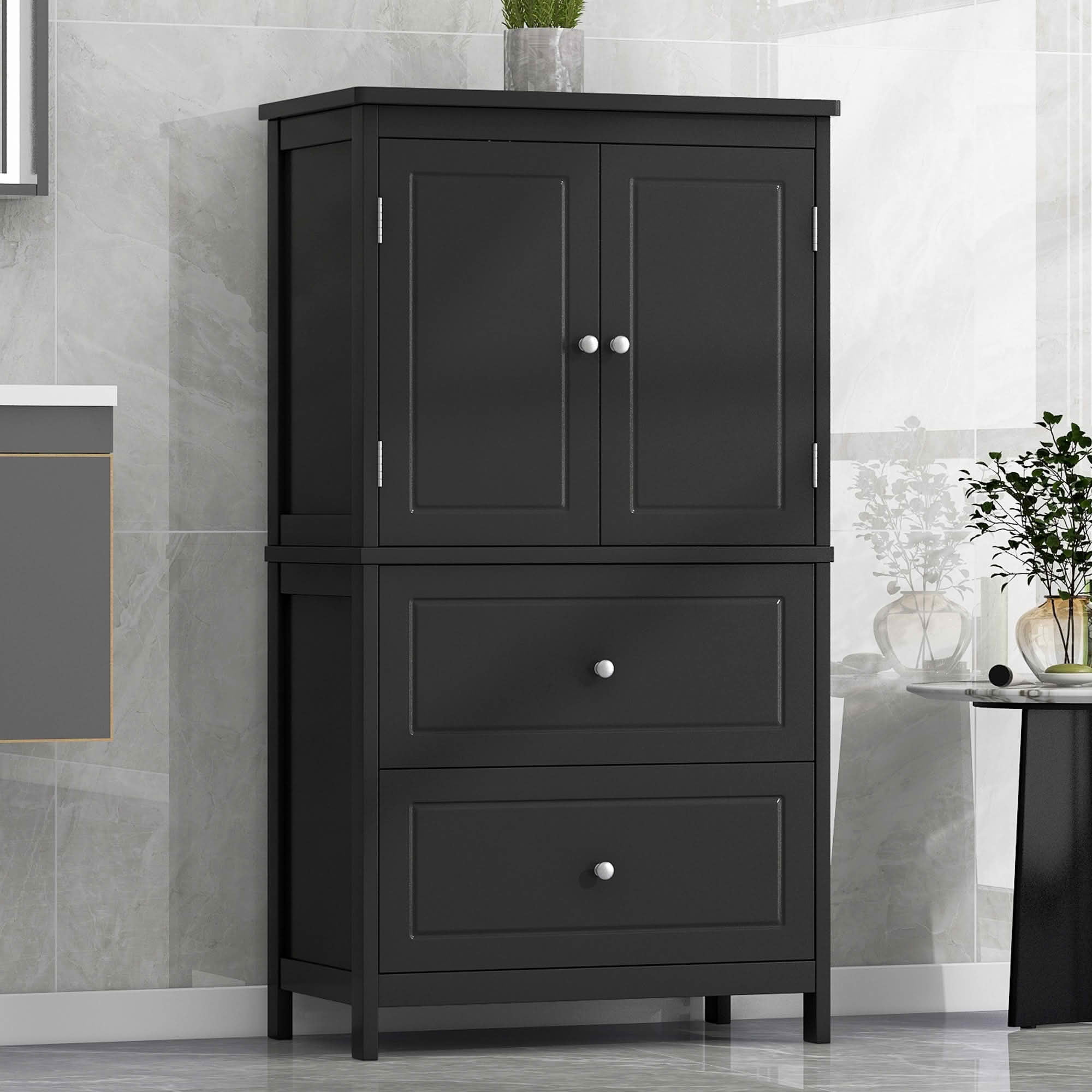 MAYEERTY Bathroom Cabinet 2 Doors Drawers Adjustable Shelf MDF Black
