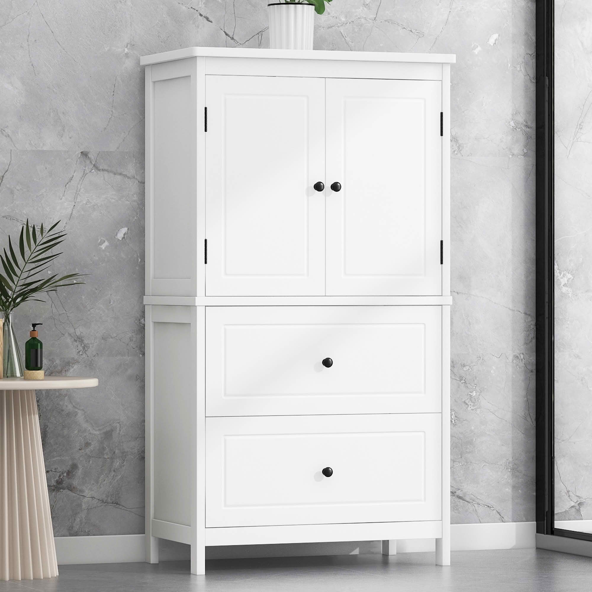 MAYEERTY Bathroom Cabinet 2 Doors Drawers Adjustable Shelf MDF White
