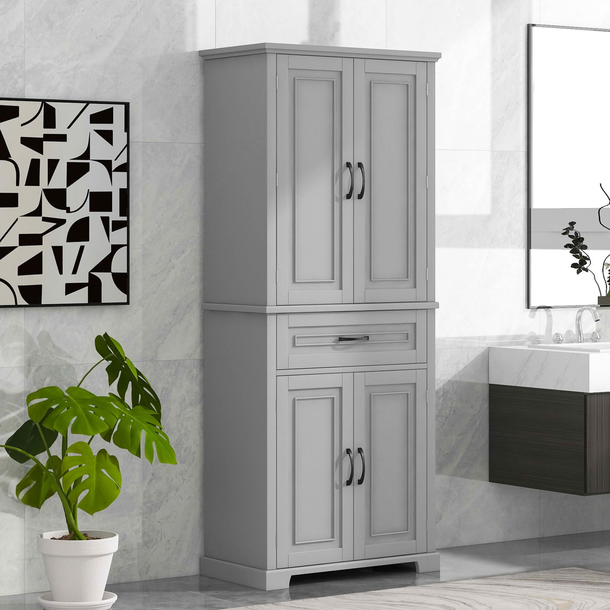 MAYEERTY Bathroom Cabinet Doors Drawer Multiple Storage Adjustable Shelf Gray