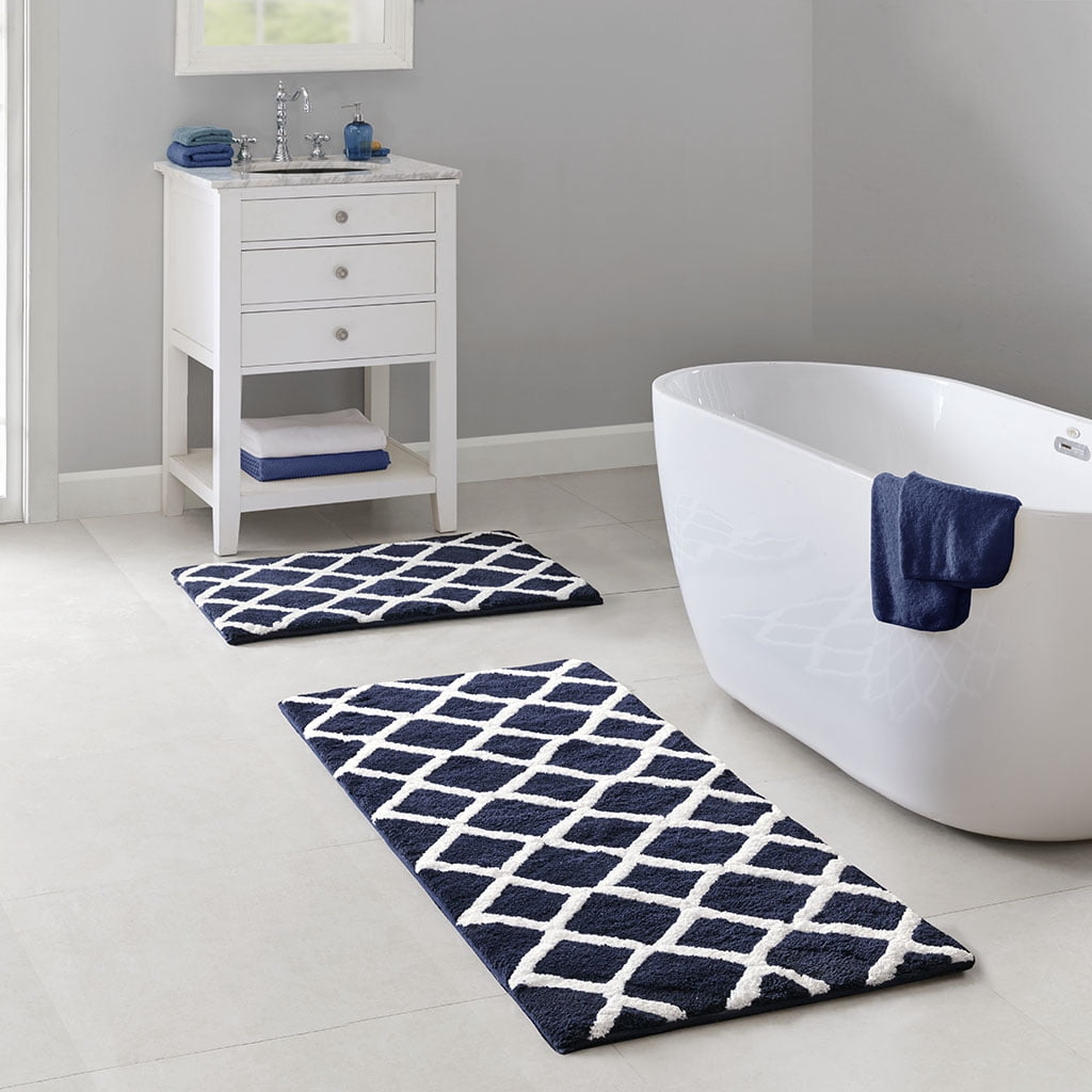 MAYEERTY Bathroom Rug, Reversible High Pile Tufted Microfiber Bath Mat, Navy, 21"W x 34"L