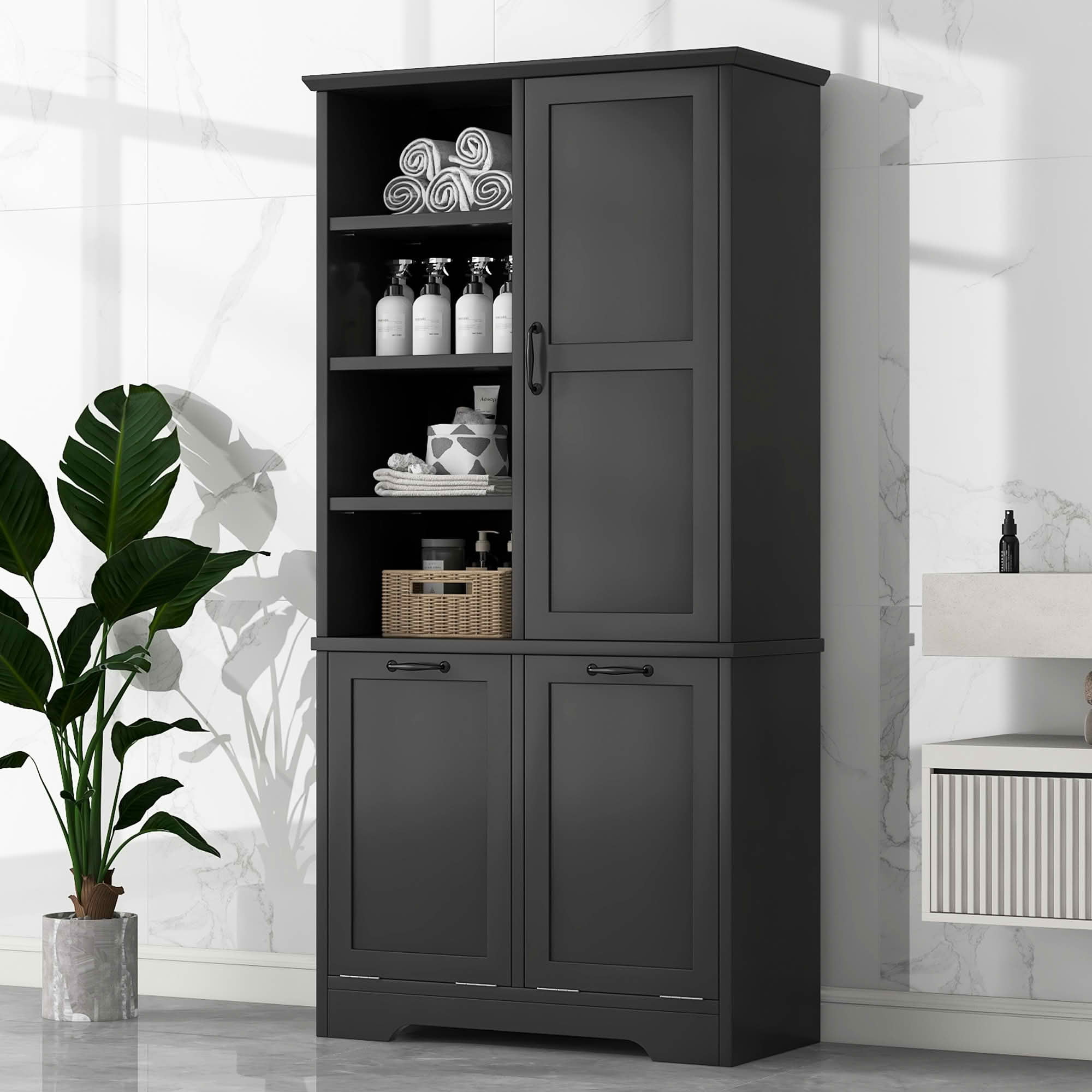 MAYEERTY Bathroom Storage Cabinet with Doors Drawers, Tilt-Out Laundry Hamper Open Adjustable Shelf, Freestanding Multi-Storage, Black