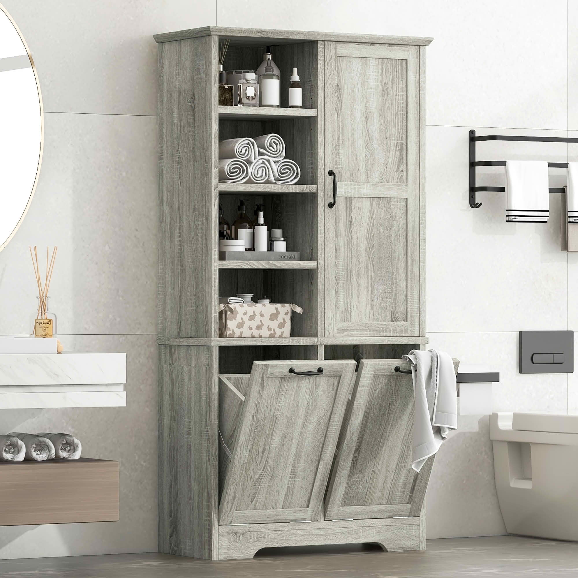MAYEERTY Bathroom Storage Cabinet with Doors Drawers, Tilt-Out Laundry Hamper Open Adjustable Shelf, Freestanding Multi-Storage, Oak