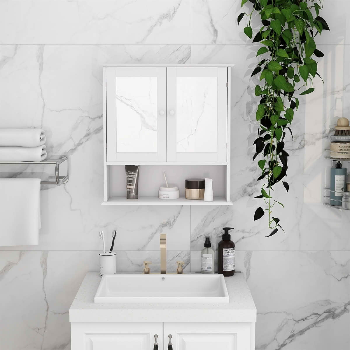 MAYEERTY Bathroom Wall Cabinet, Double Mirror Doors with Storage Shelves