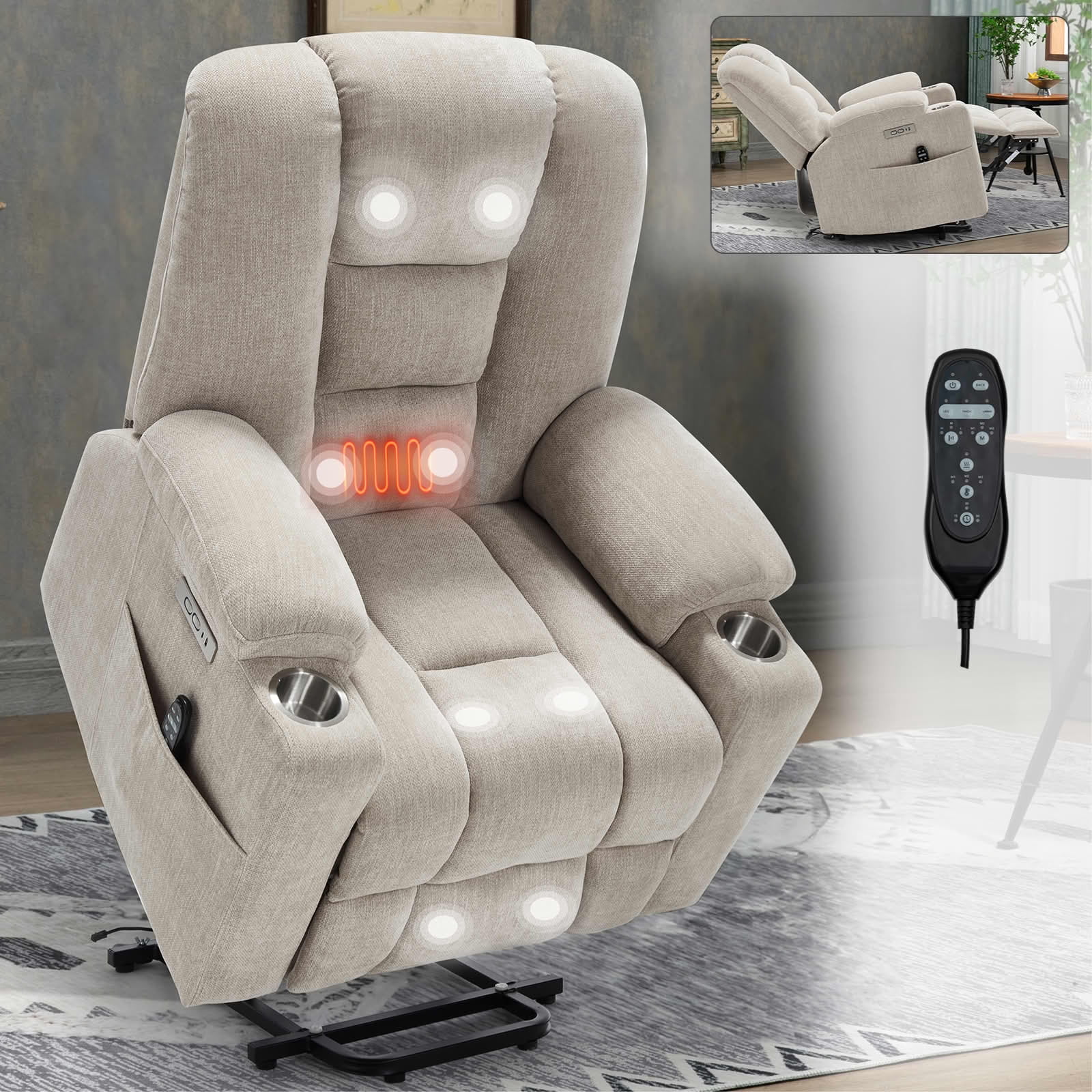 MAYEERTY Beige Chenille 350lbs Power Lift Recliner, Massage Heat USB-C 34"x39"x42" Wide Overstuffed for Elderly
