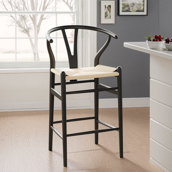 MAYEERTY Black-Beige Fully Assembled Wishbone Weave Bar stool for Kitchen Island, Modern & Sturdy