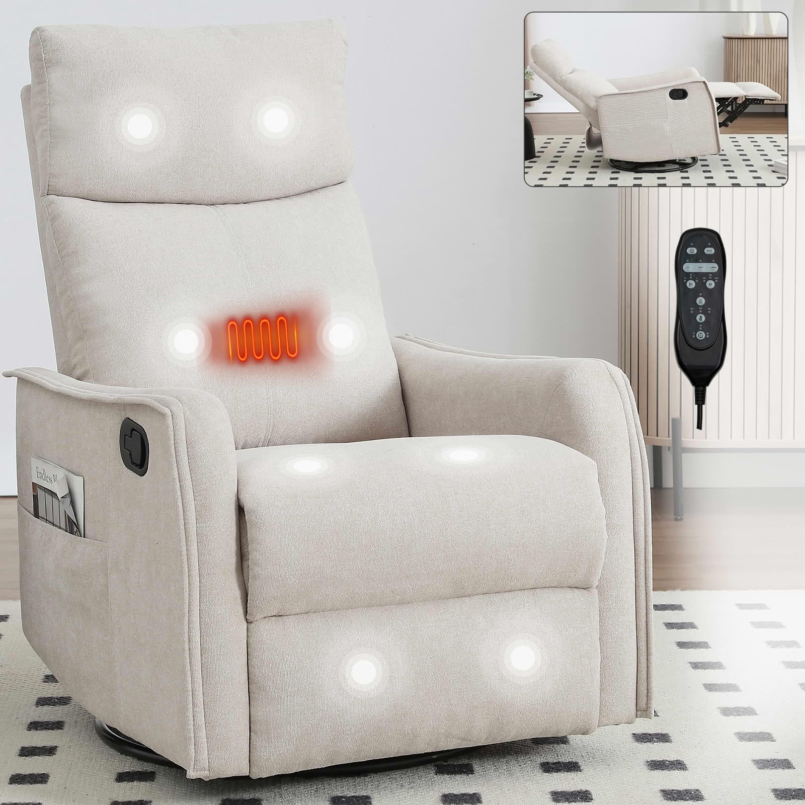MAYEERTY Beige Heat Massage Recliner Chair, 360° Swivel Rocker 27"x36"x40" for Living Room