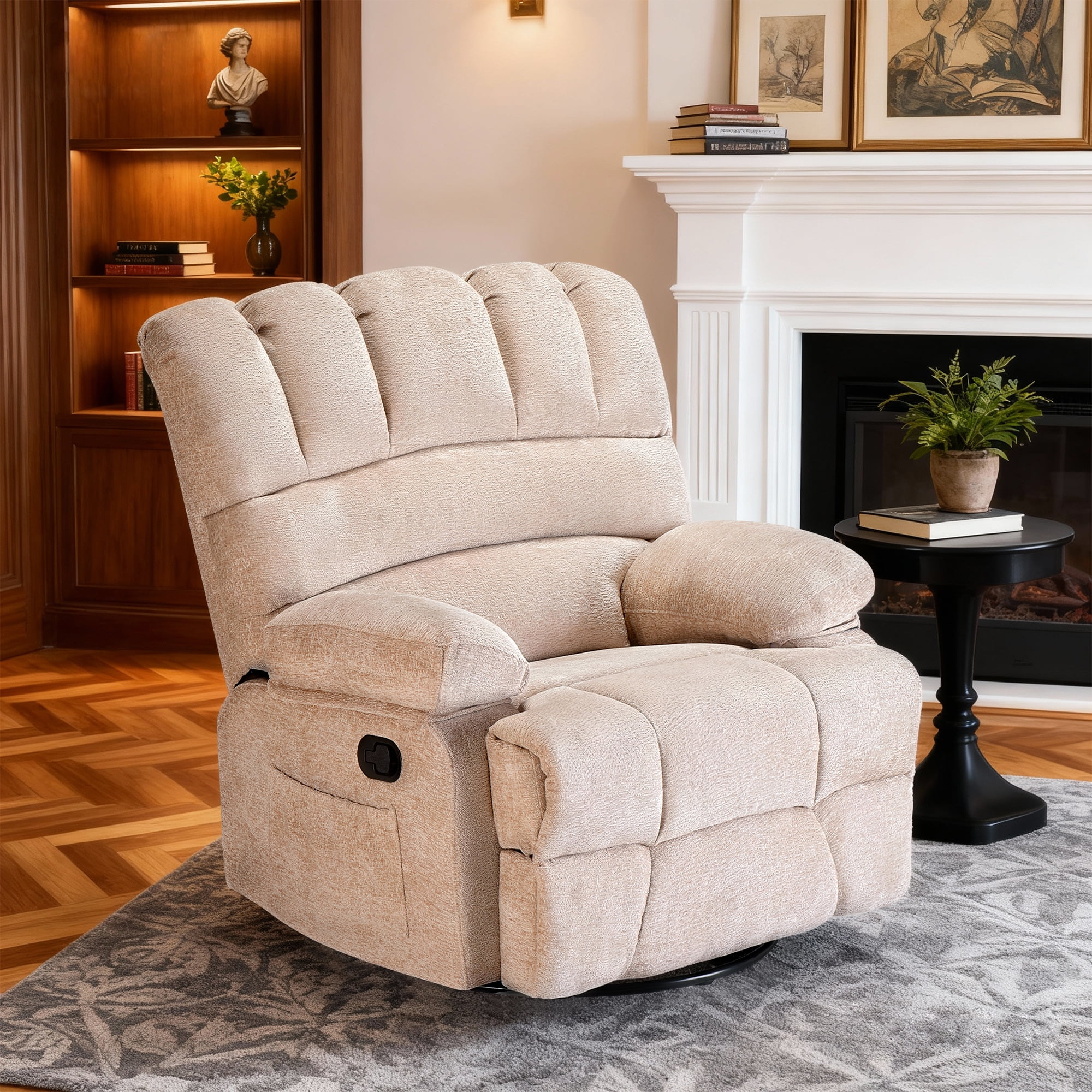 MAYEERTY Beige Oversized Swivel Rocker Recliner Sofa for Adults, Chenille, Perfect for Living Room