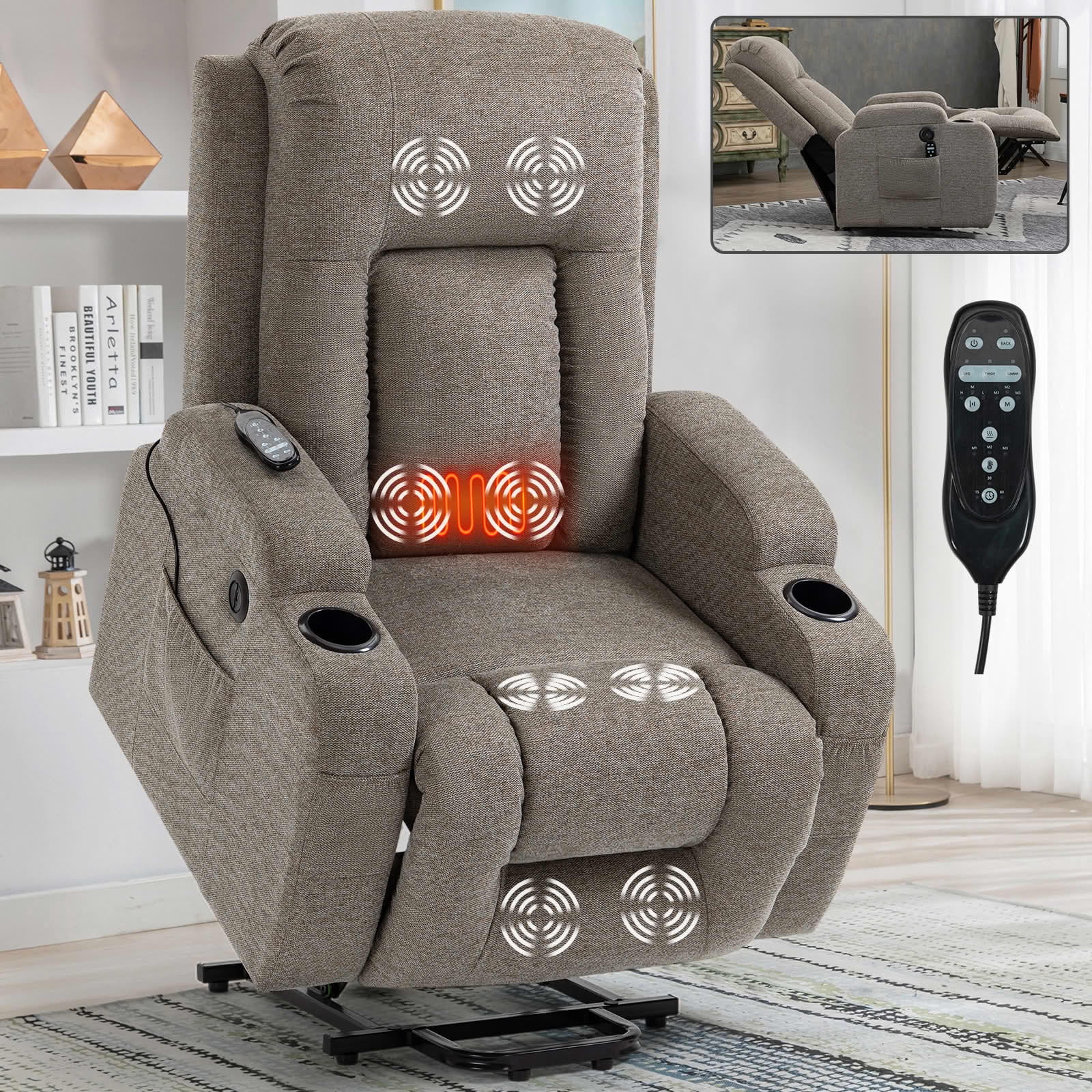 MAYEERTY Beige PU 350lbs Power Lift Recliner Chair, 8-Point Massage Heat USB Cup Holders 40"x36"x45" for Elderly