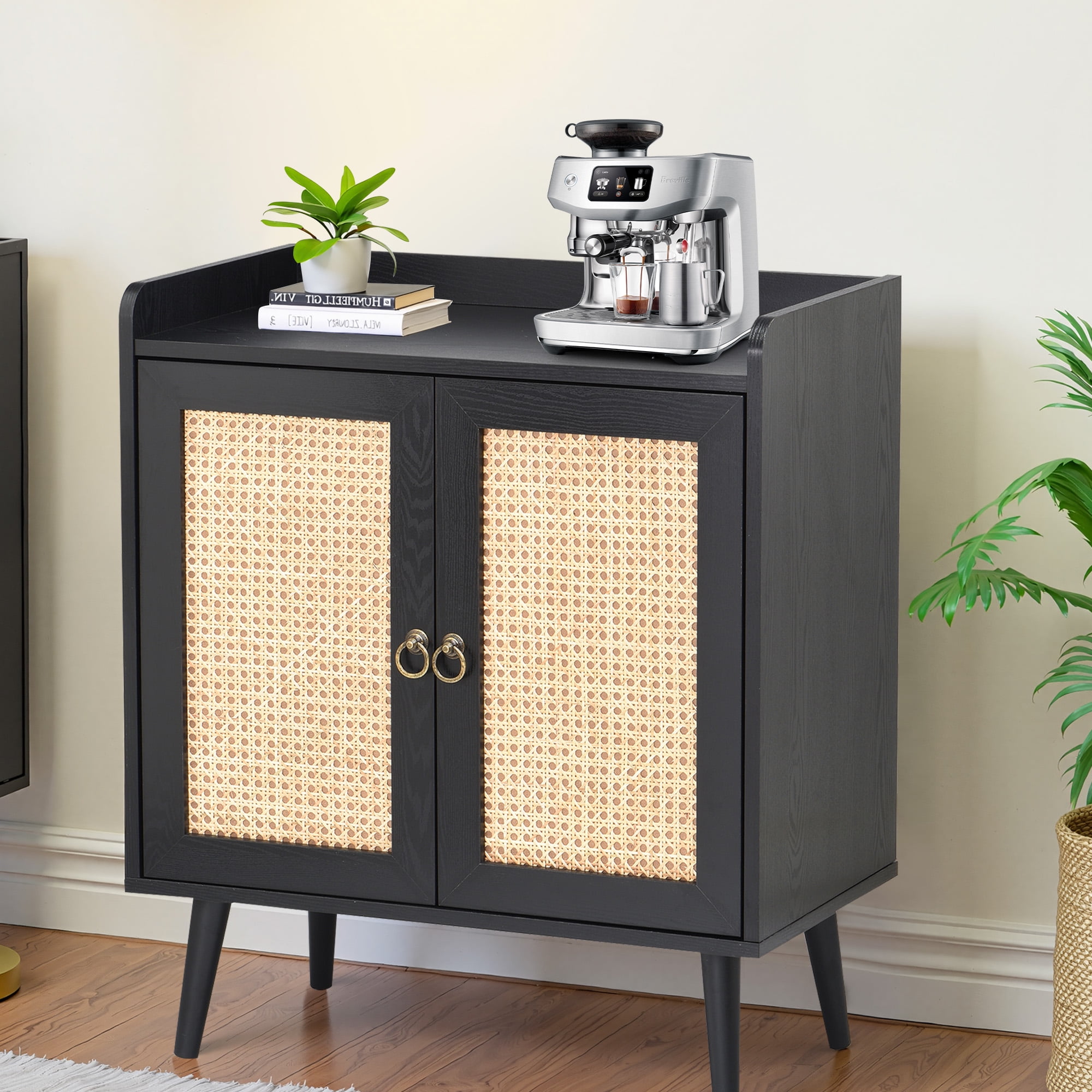 MAYEERTY Black 15*26*30"Rattan Decorated Sideboard Buffet & Liquor Bar Cabinet for Dining Room & Hallway