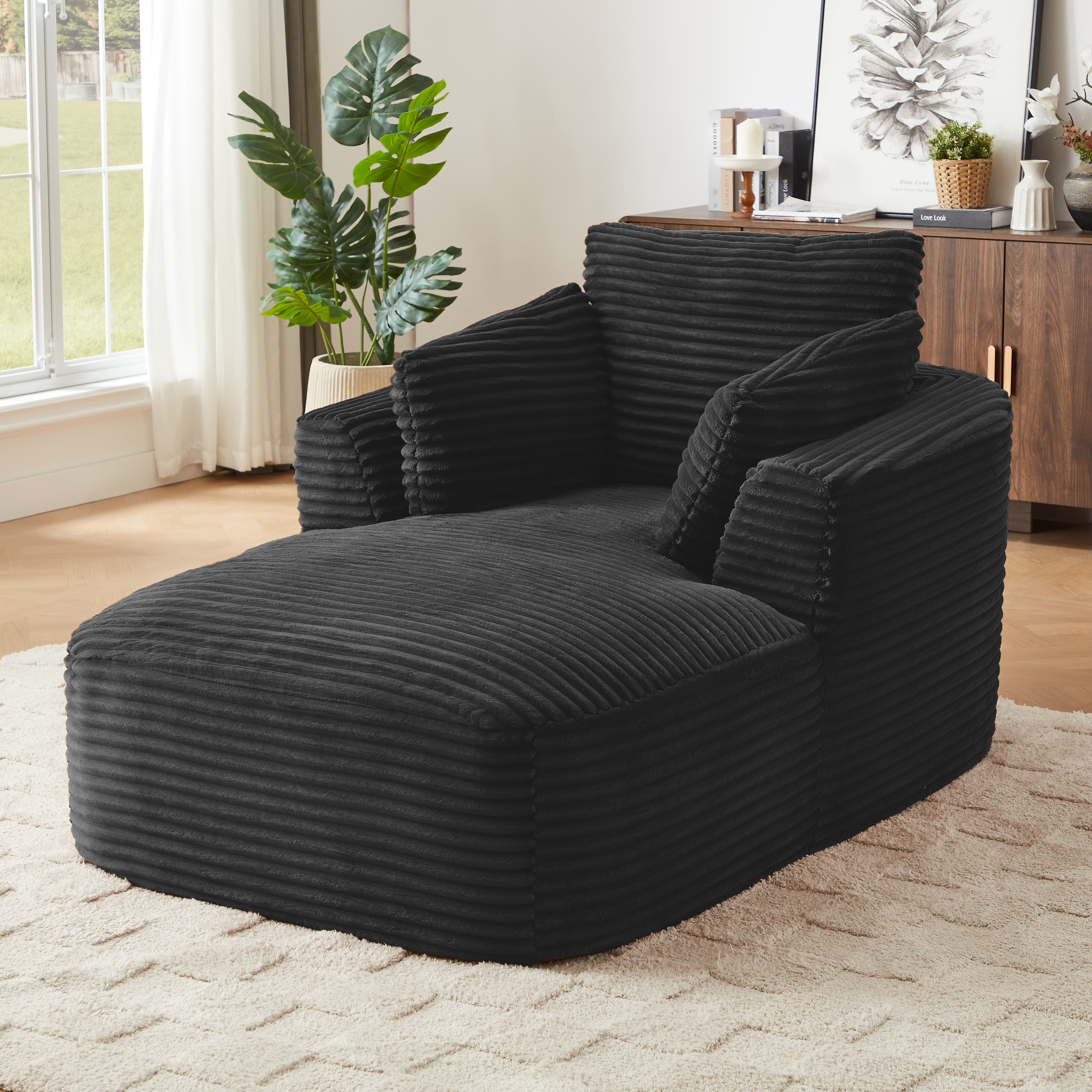 MAYEERTY Oversized Corduroy Chaise Lounge Sofa, Modern Couch with Spring Cushion for Apartment, 45*65*36"Black