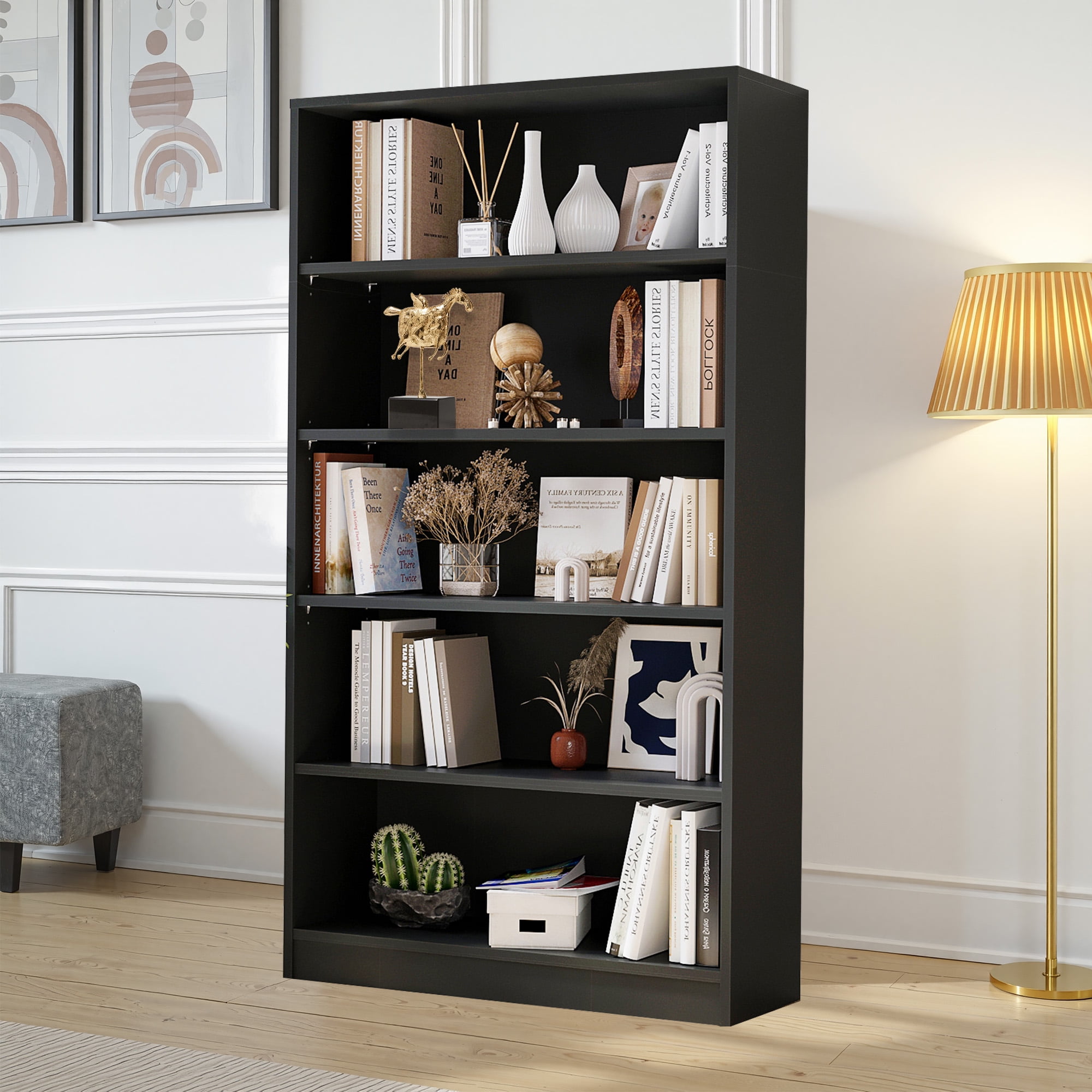 MAYEERTY Black 5-Shelf Modern Wood Bookcase, 60" Tall, for Bedroom, Living Room, and Manga Library