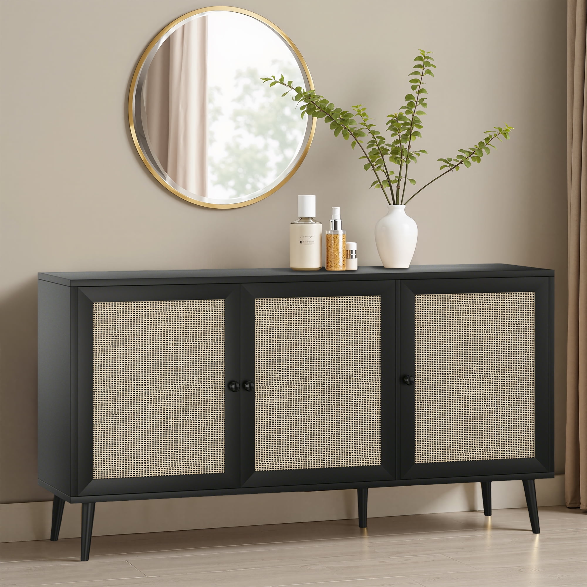 MAYEERTY Black 59*15*31"Modern Sideboard Buffet Cabinet with 3 Rattan Doors for Living Room, Entryway