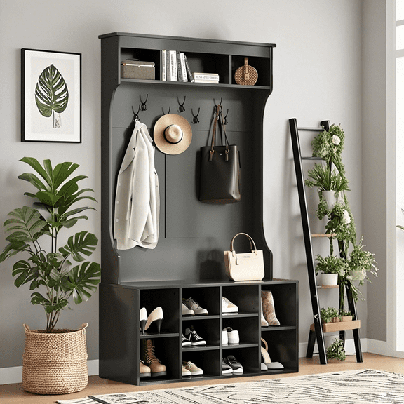 MAYEERTY Black 71" Hall Tree with Shoe Storage, 7 Hooks , Freestanding, Adjustable Bench for Mudroom
