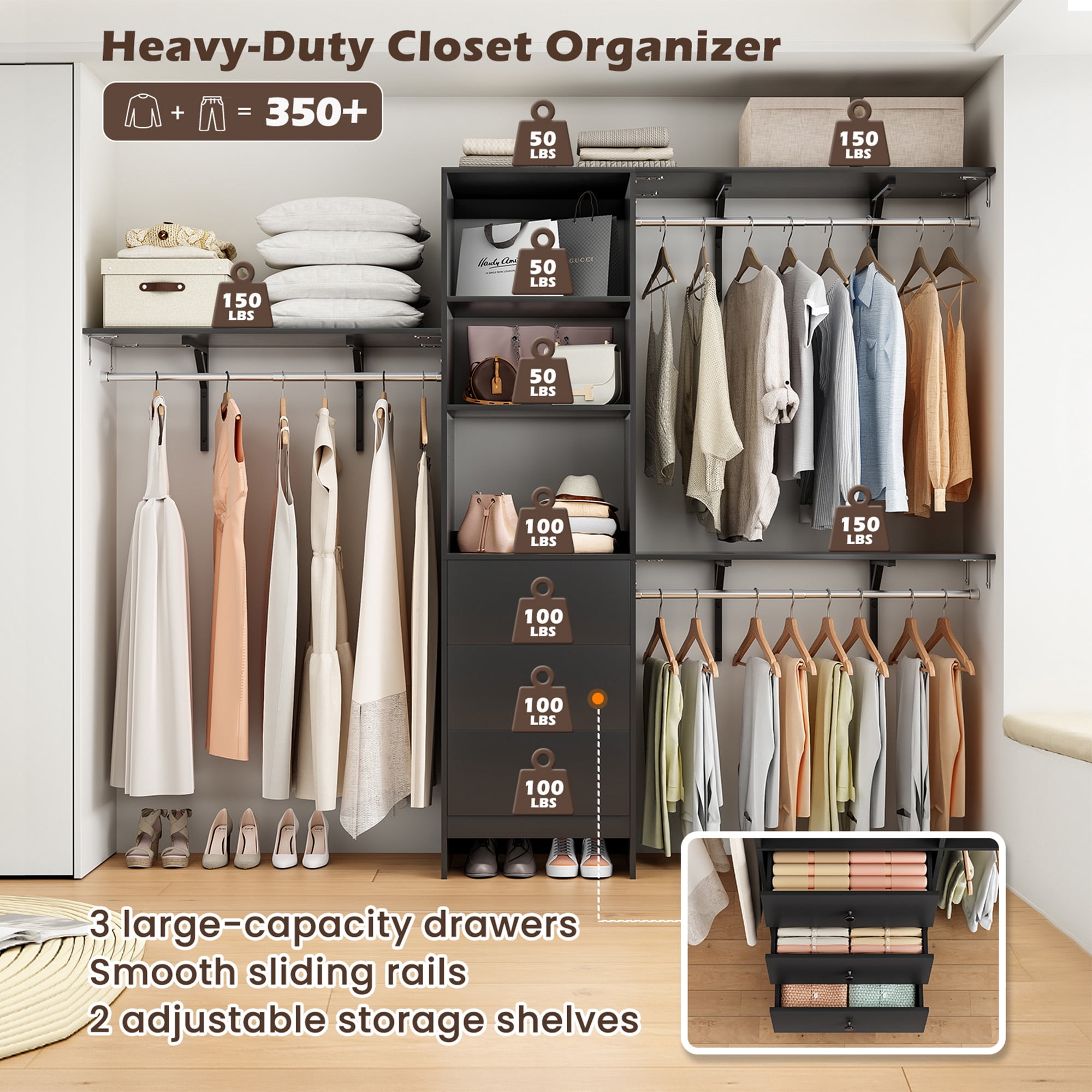 MAYEERTY Black 96*16*75"High-Capacity Wardrobe Rack: 3 Drawers, Shelves, Expandable Rods, Stylish & Durable