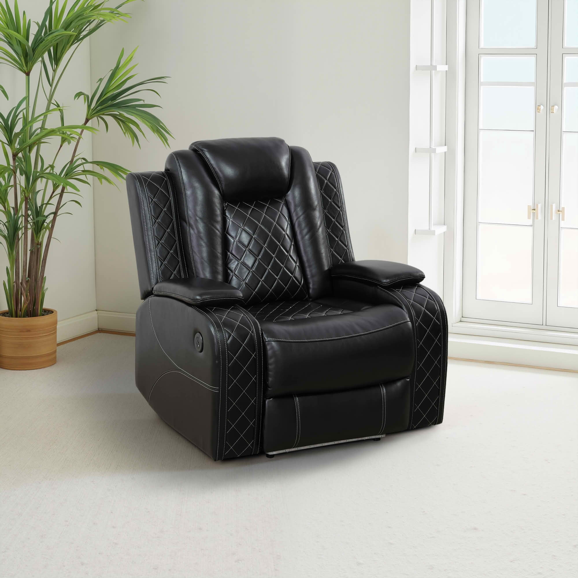 MAYEERTY 37.5 Inch Black Breathing Leather Recliner Sofa, Intelligent Functional Couch with USB & LED for Living Room