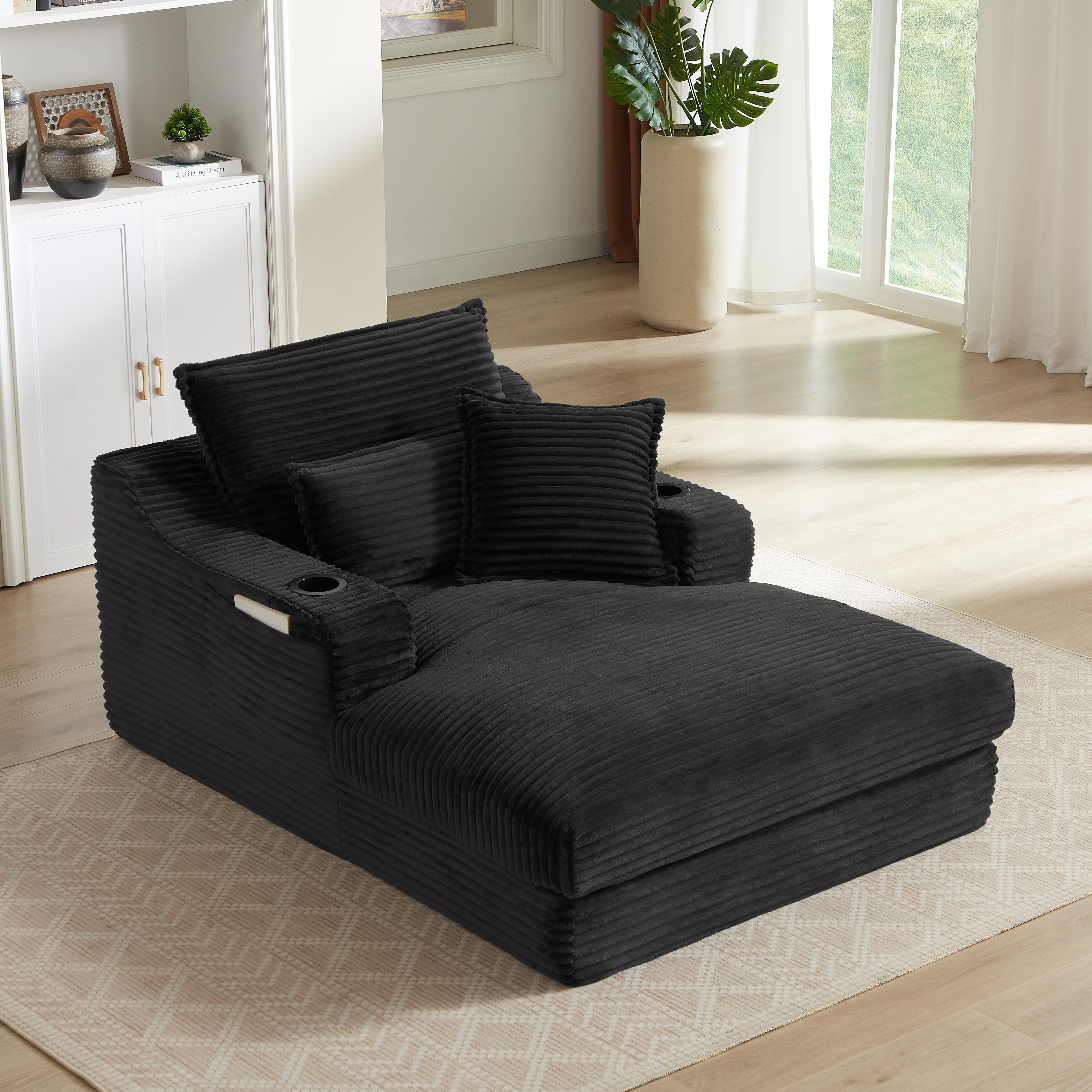 MAYEERTY Black Corduroy Chaise Sofa, Oversized Comfortable Lounge for Living Room, 47×68×35"