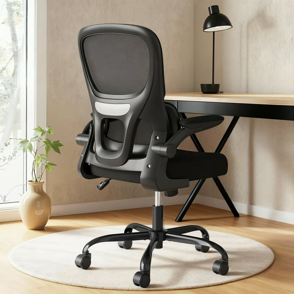 MAYEERTY Black Desk Chair with Mesh Back, Ergonomic, Lumbar Support & Flip-Up Armrests for Work & Study