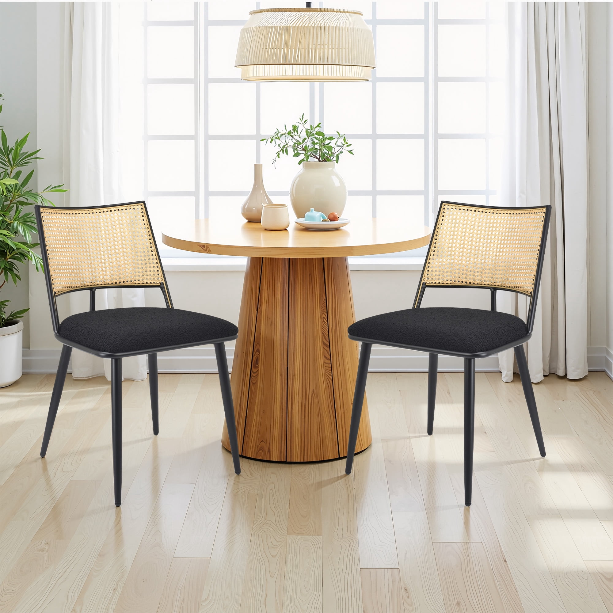 MAYEERTY Black Dining Chairs Set of 2, Rattan Backrest, Metal Frame, Boucle Upholstery for Living Room