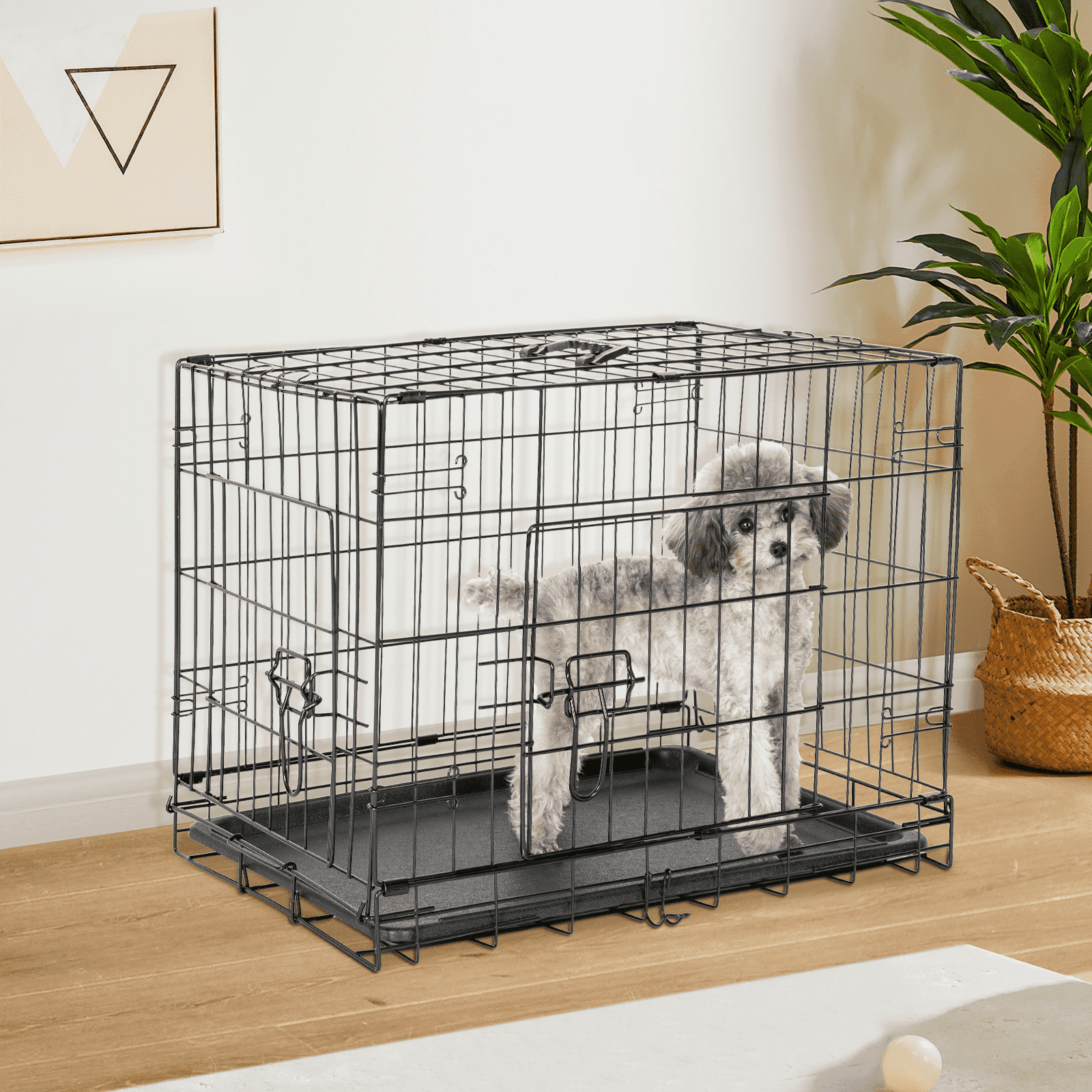 MAYEERTY Black Dog Crate 36in Double Doors Foldable Metal Kennel