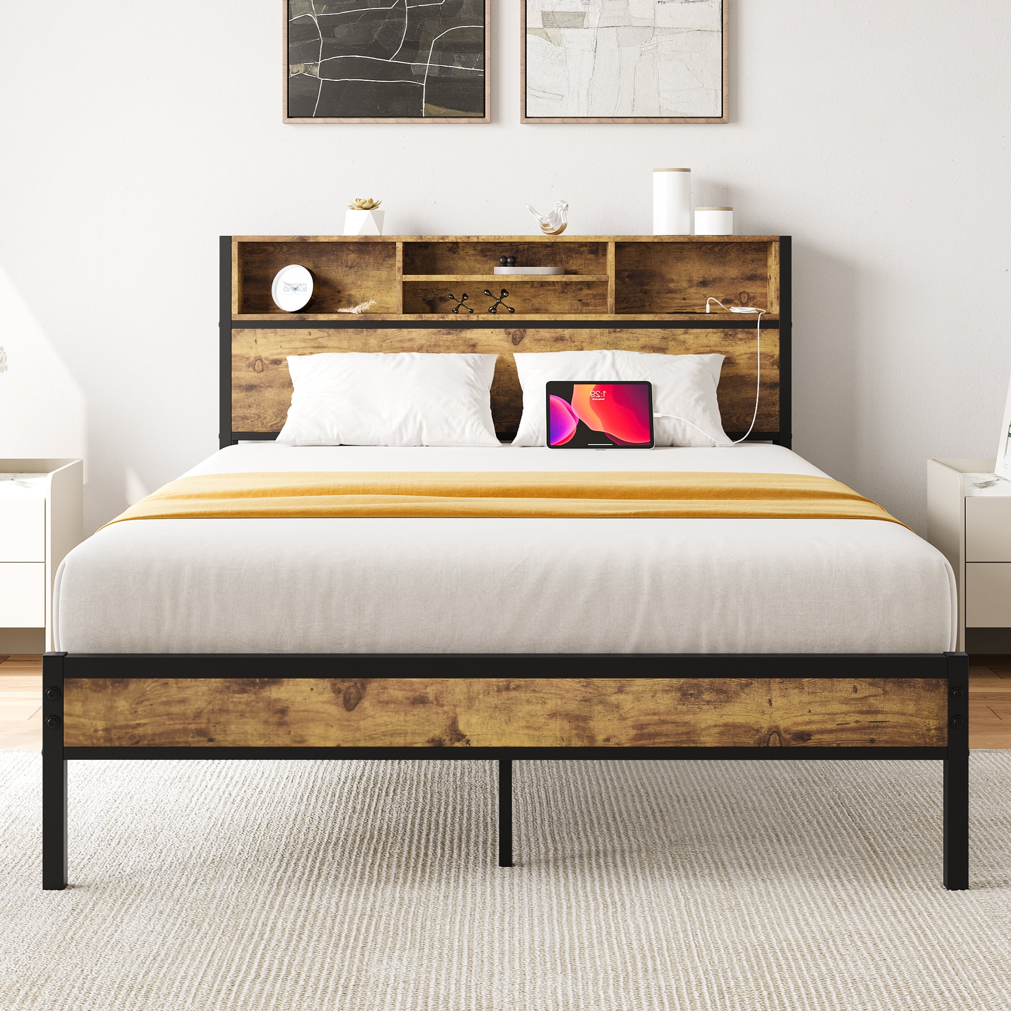 MAYEERTY Black Full-Size Metal Platform Bed: Storage Headboard, Charging Station & Bookcase Storage​