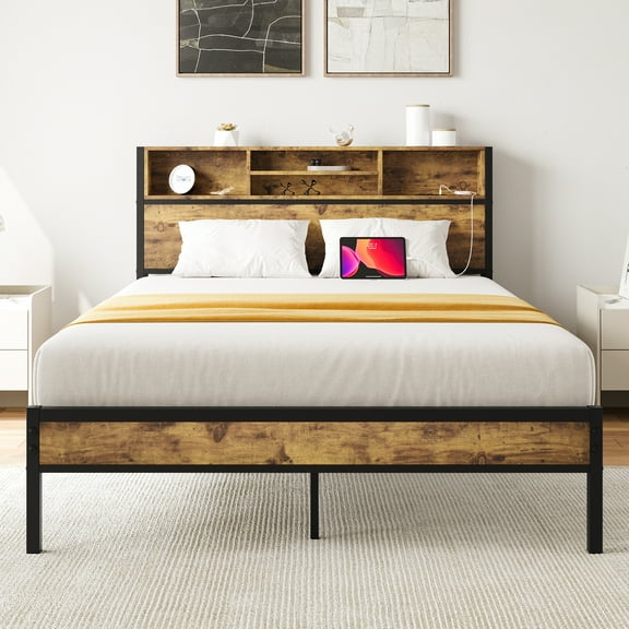 MAYEERTY Black Full-Size Metal Platform Bed: Storage Headboard, Charging Station & Bookcase Storage