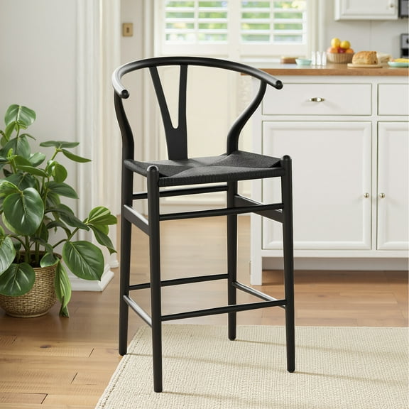 MAYEERTY Black Fully Assembled Wishbone Weave Bar Stool