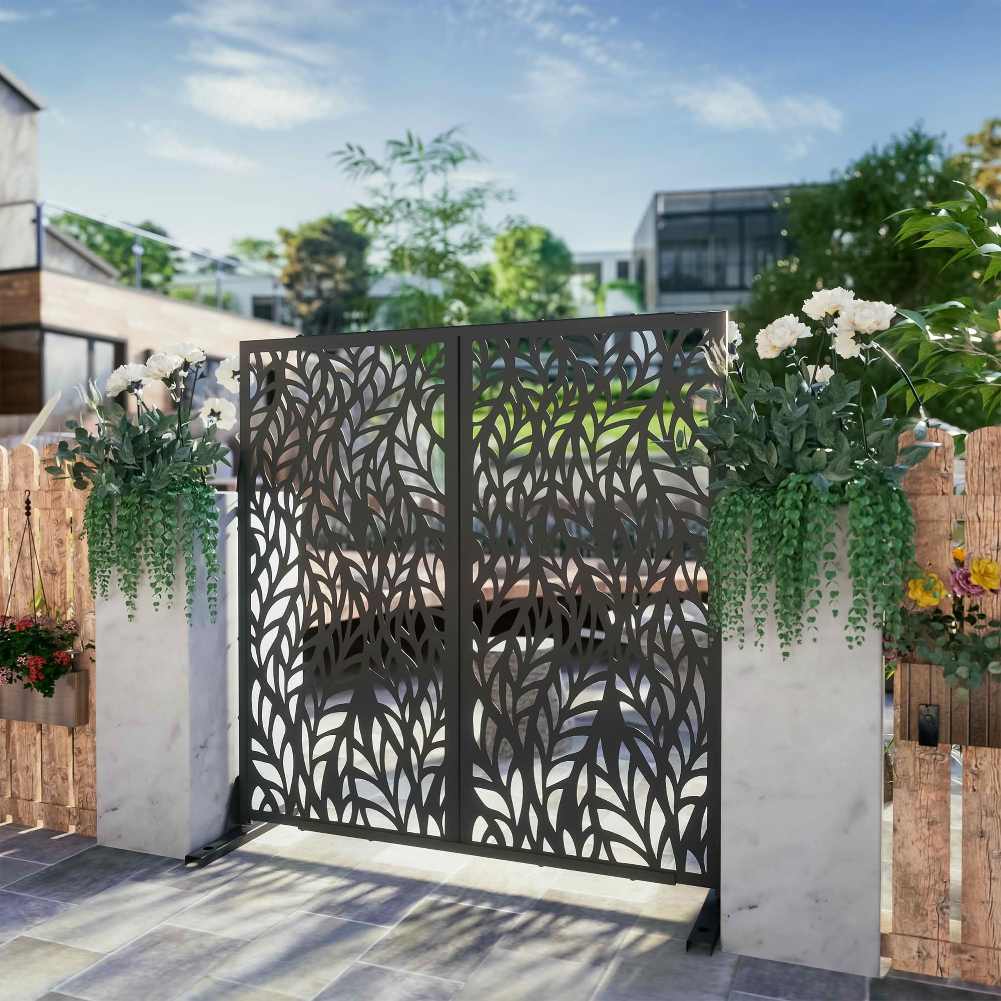 MAYEERTY Black Galvanized Metal Privacy Screen, Outdoor Garden Patio, 72×47×16in, 3 Panels
