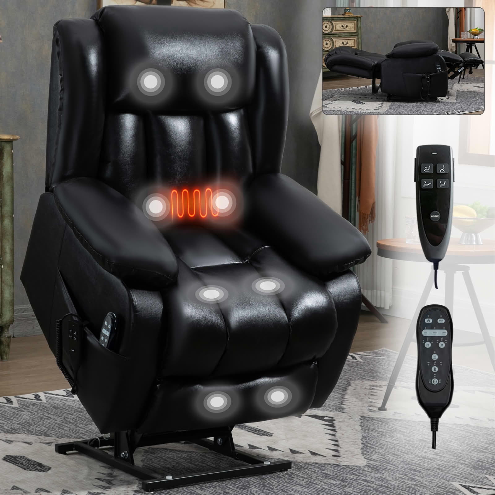 MAYEERTY Black Genuine Leather Dual Motor Power Lift Recliner, 350lbs 8-Point Massage Heat 180° 36"x40"x43" for Elderly