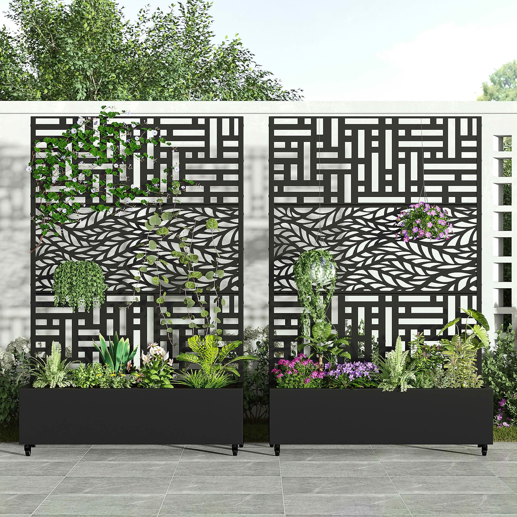 MAYEERTY Black Metal Planter Box with Trellis, Outdoor Garden Patio, 72×47×16in