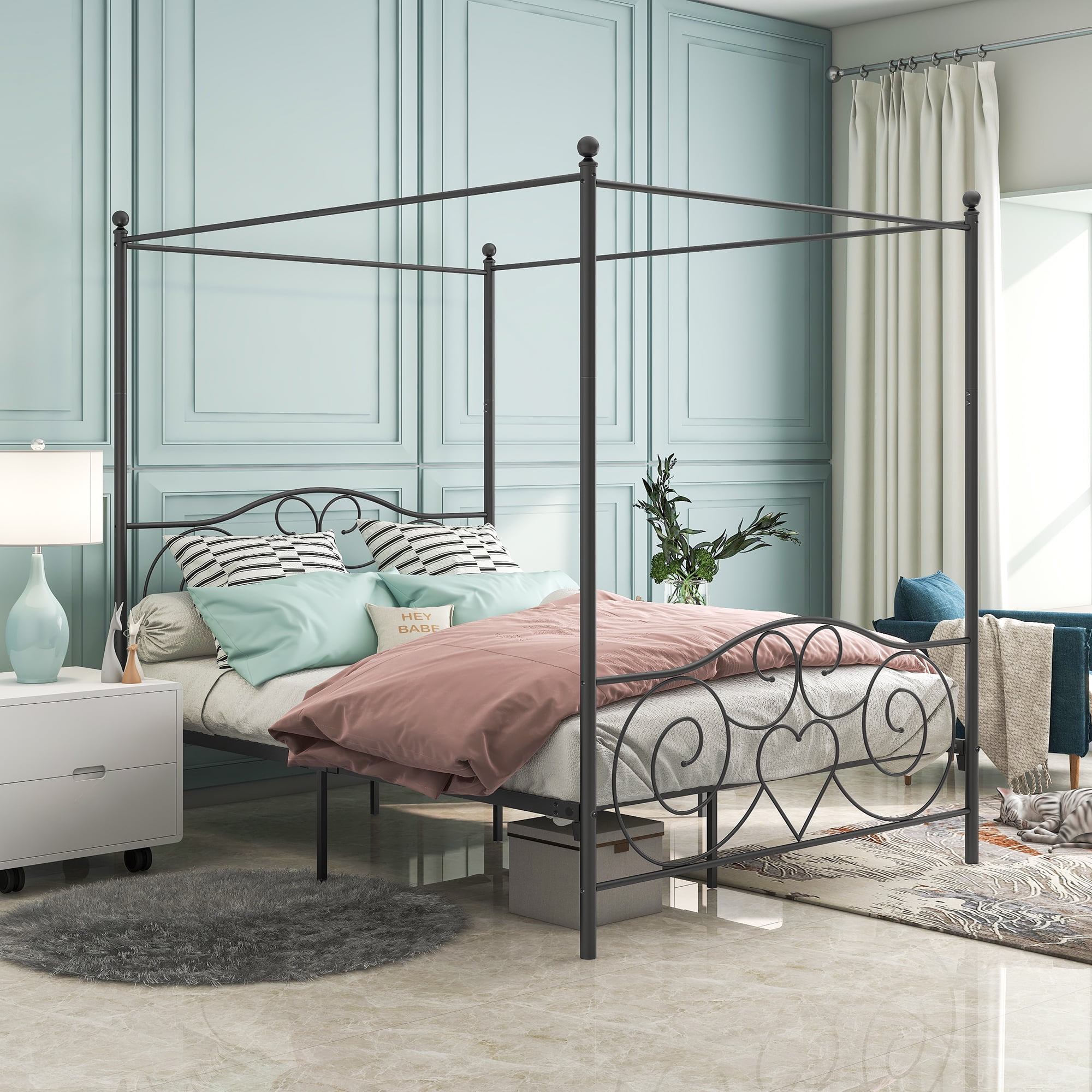 MAYEERTY Black Metal Queen Canopy Bed Frame: Exquisite Vintage Styling with Headboard & Footboard, Easy DIY Setup​