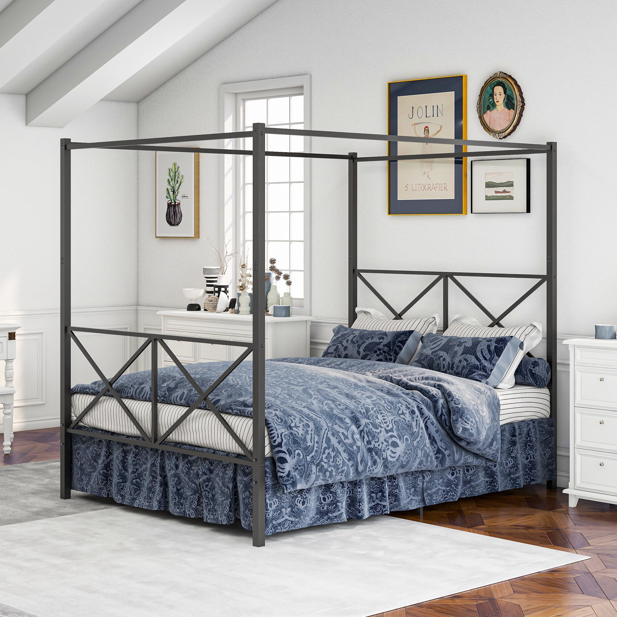 MAYEERTY Black Metal Queen Canopy Platform Bed: X-Shaped Frame for Added Stability