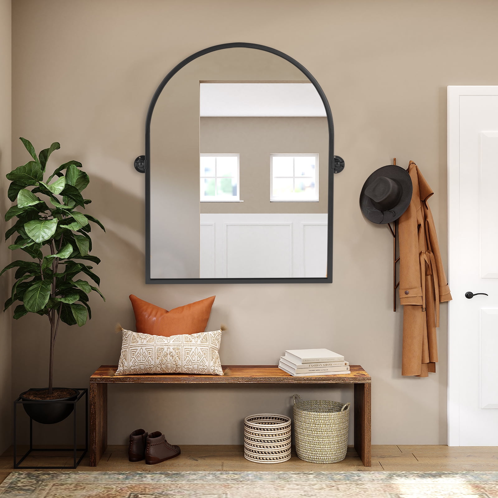 MAYEERTY Black Metal Right-Angle Arch Wall Mirror Iron Frame Decorative Hanging Mirror