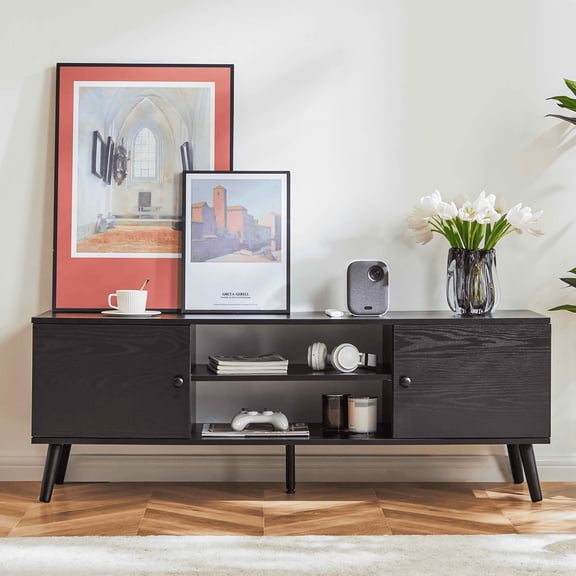 MAYEERTY Black Panel-Style TV Stand - Storage & Display, for Living Room & Office