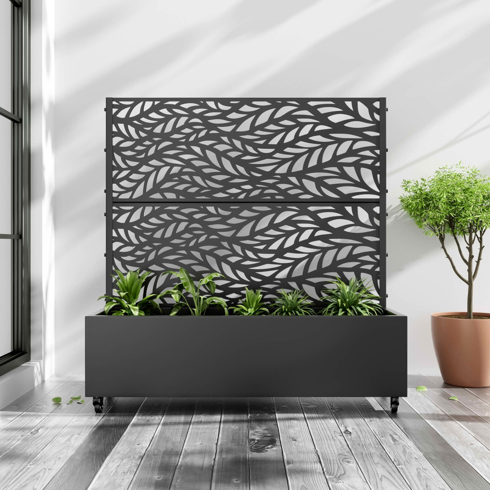MAYEERTY Black Rectangular Metal Planter Box with Trellis, Outdoor Garden Patio, 47×47×16in, 2 Panels