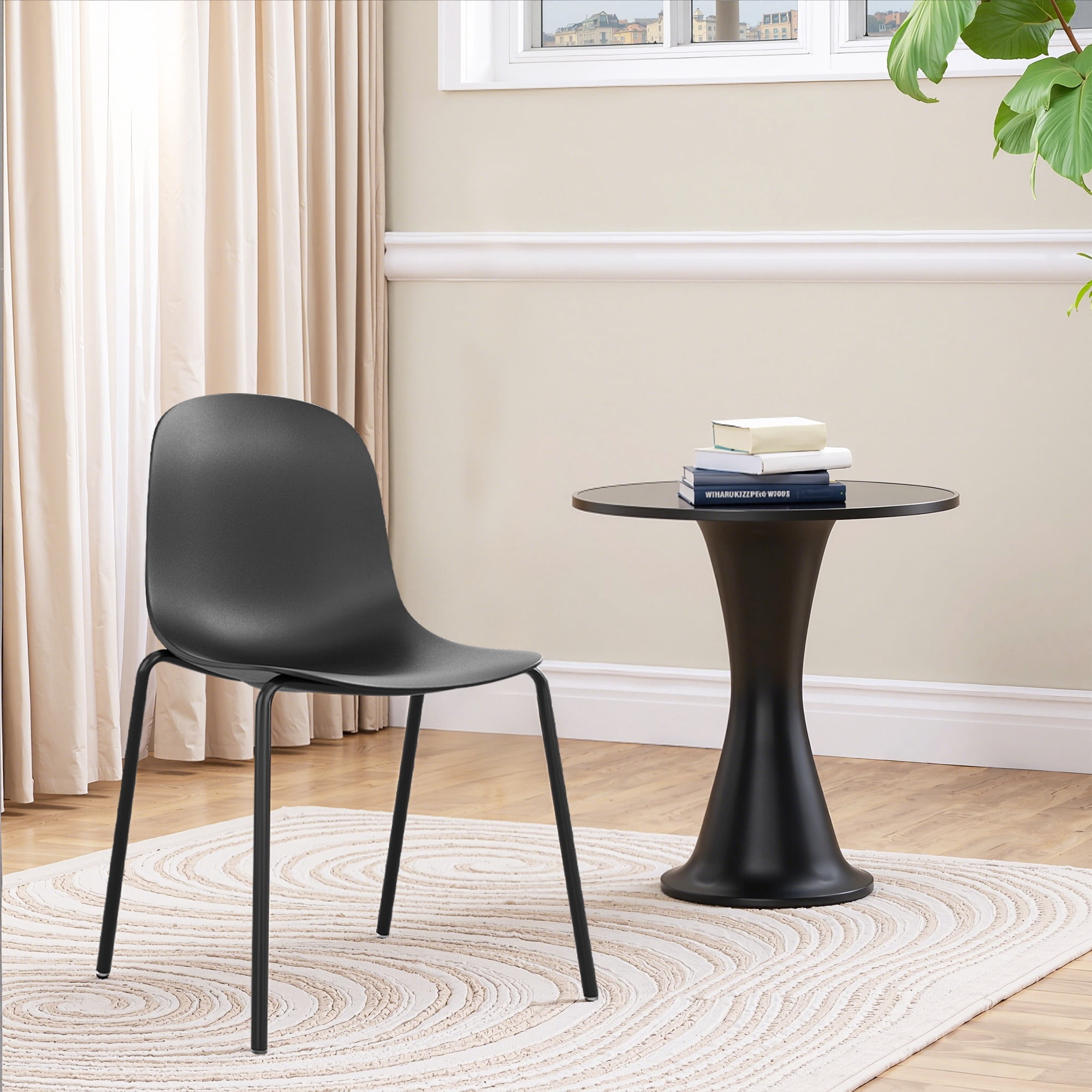 MAYEERTY Black Set of 4 Modern Stackable Plastic Waterproof Dining Chairs, Metal Legs, Indoor/Outdoor Use