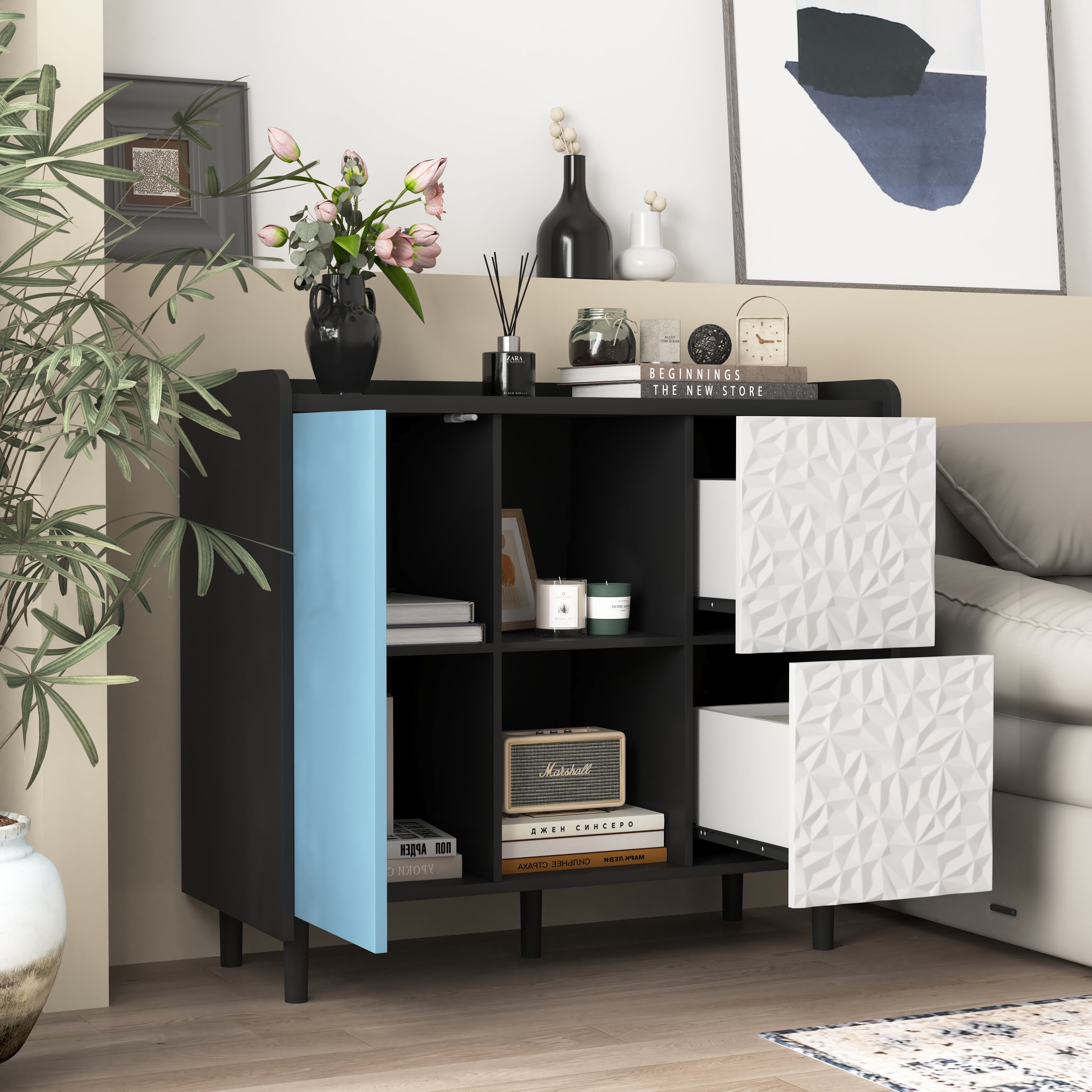 MAYEERTY Black Sideboard Buffet Cabinet with Red Doors, Drawers & Open Storage for Kitchen & Dining Room